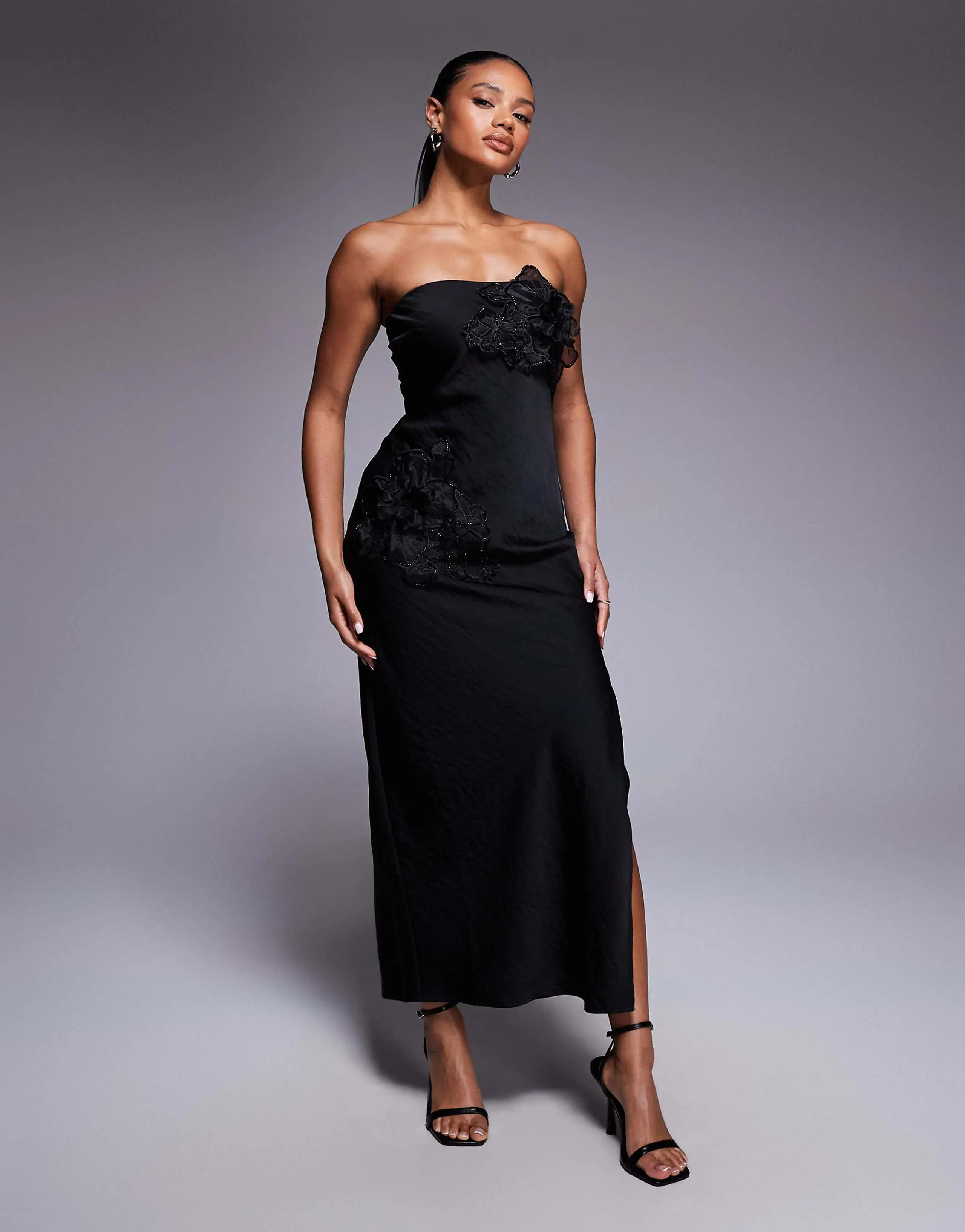 ASOS DESIGN bandeau flower applique maxi dress in black