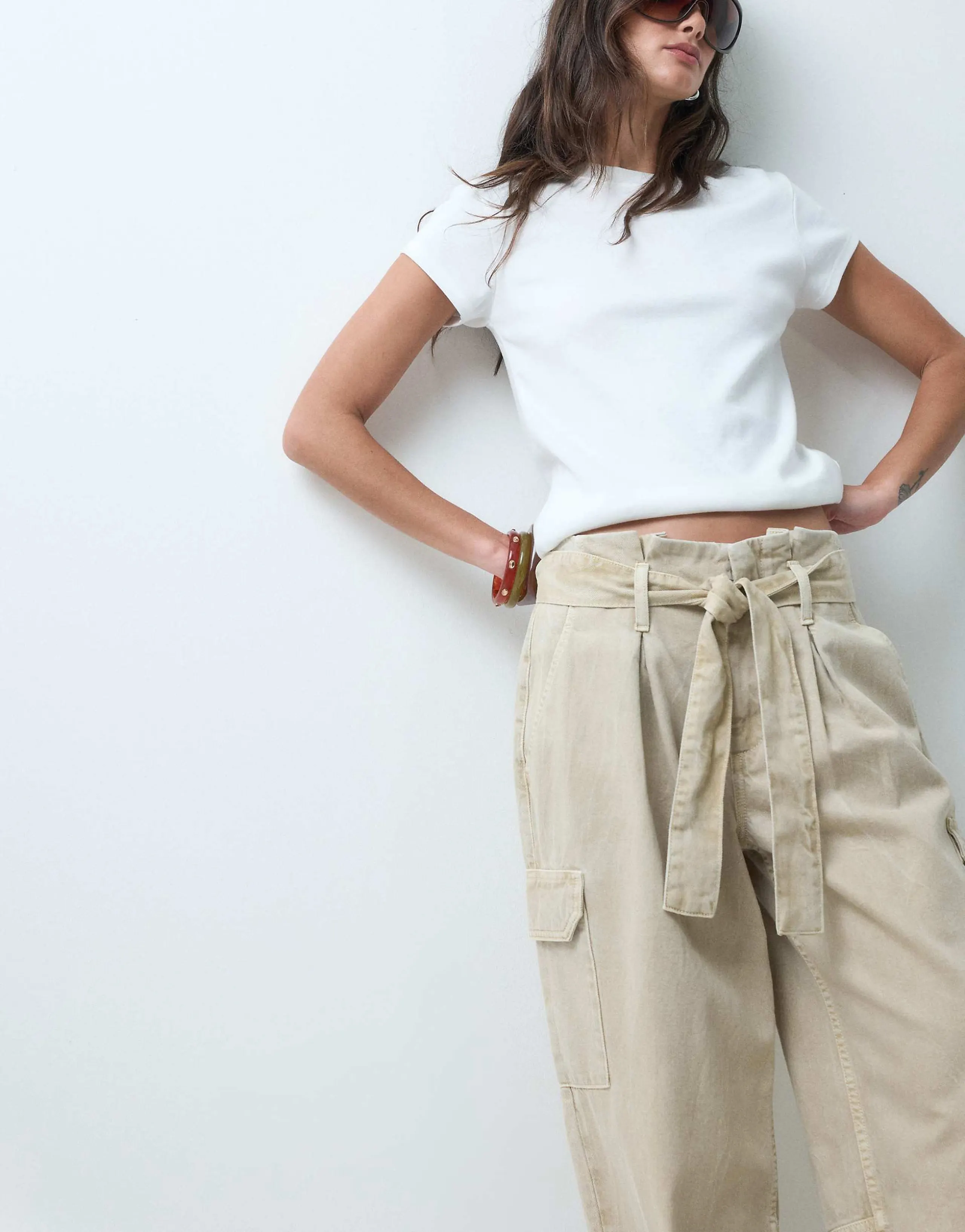 ASOS DESIGN tapered pants with paperbag waist detail in ecru