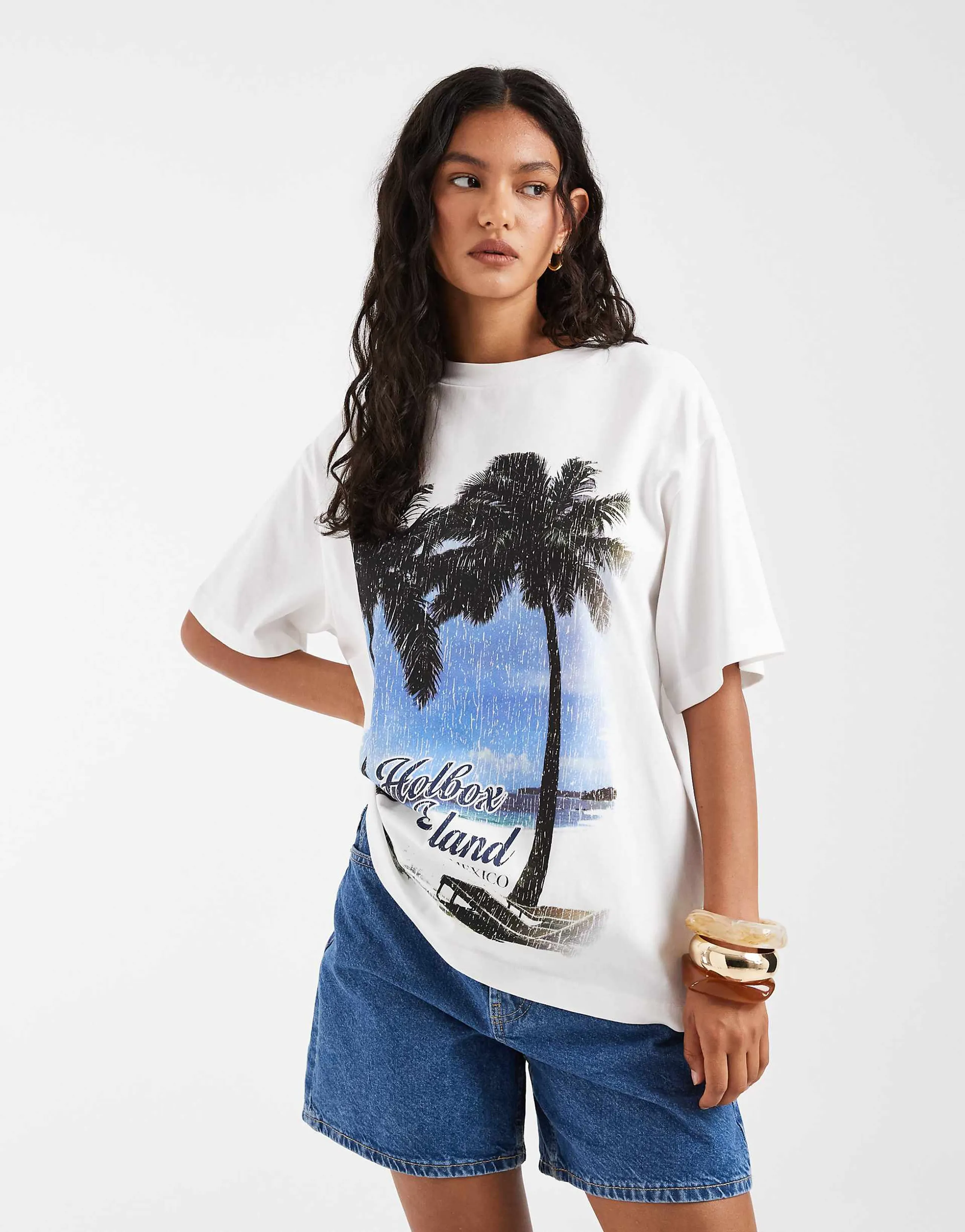 ASOS DESIGN oversized t-shirt with Holbox Island palm-tree graphic in white