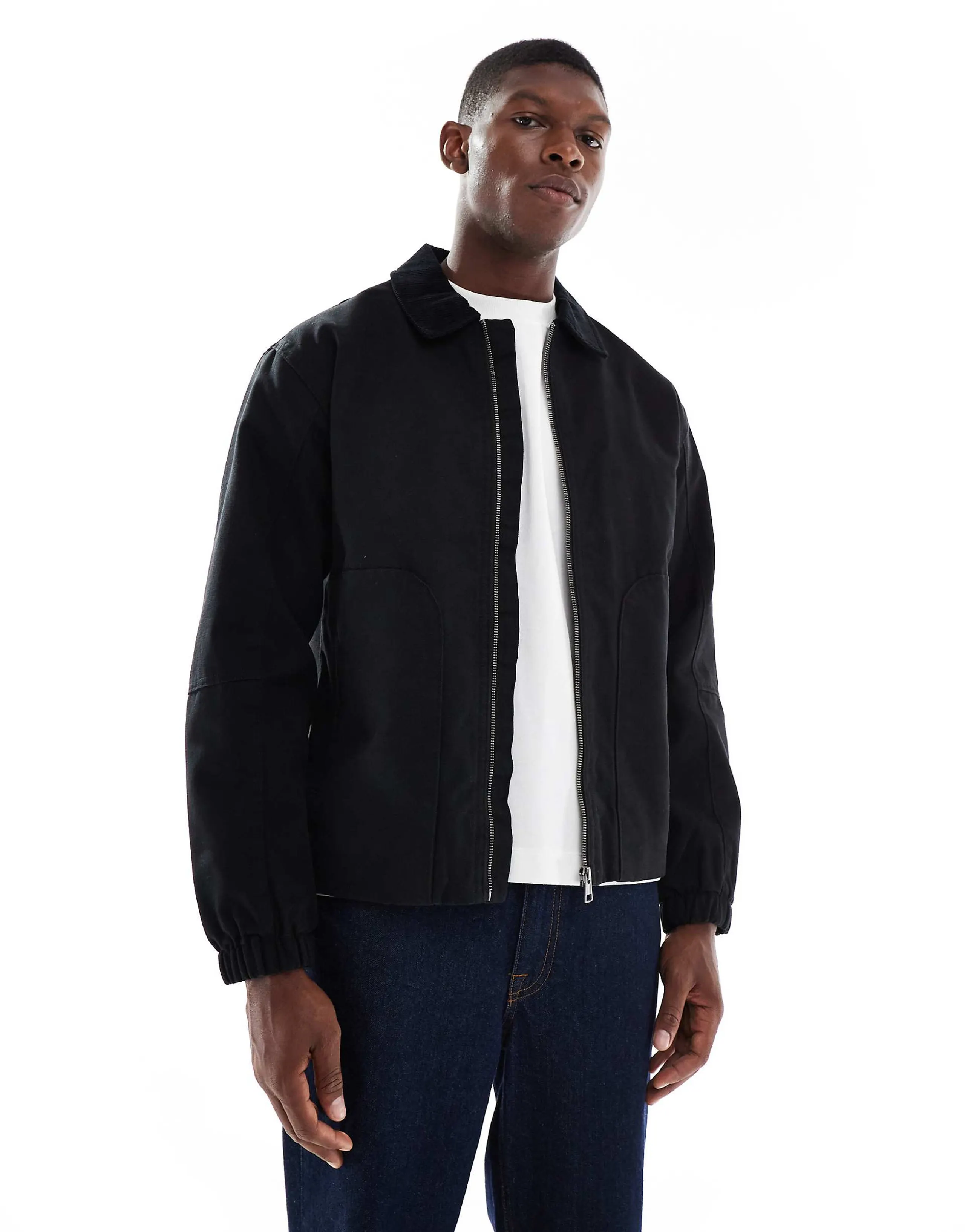 ONLY & SONS oversized heavyweight barn jacket with cord collar in black