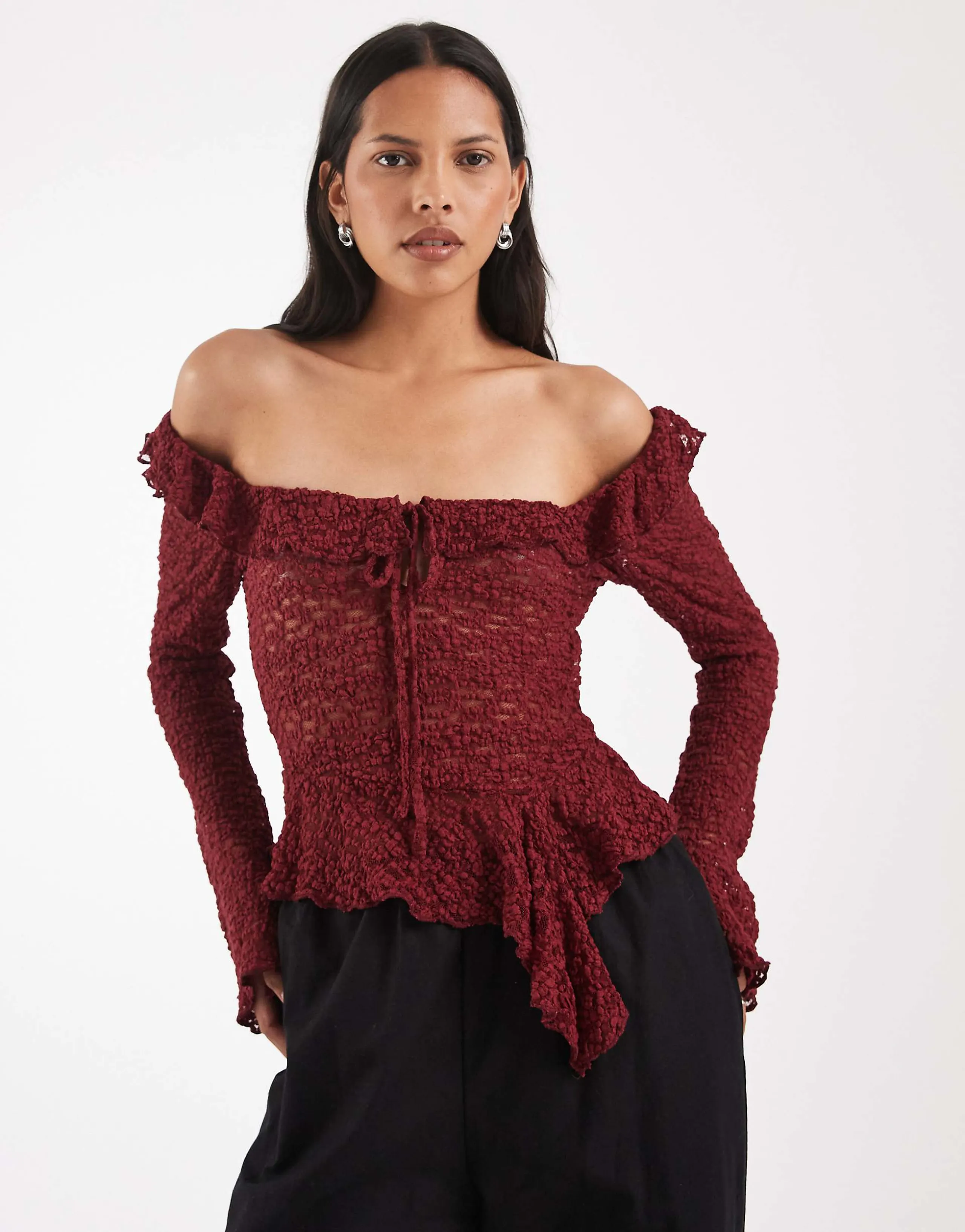 Kiss the Sky long sleeve ruffle lace asymmetric hem top in burgundy