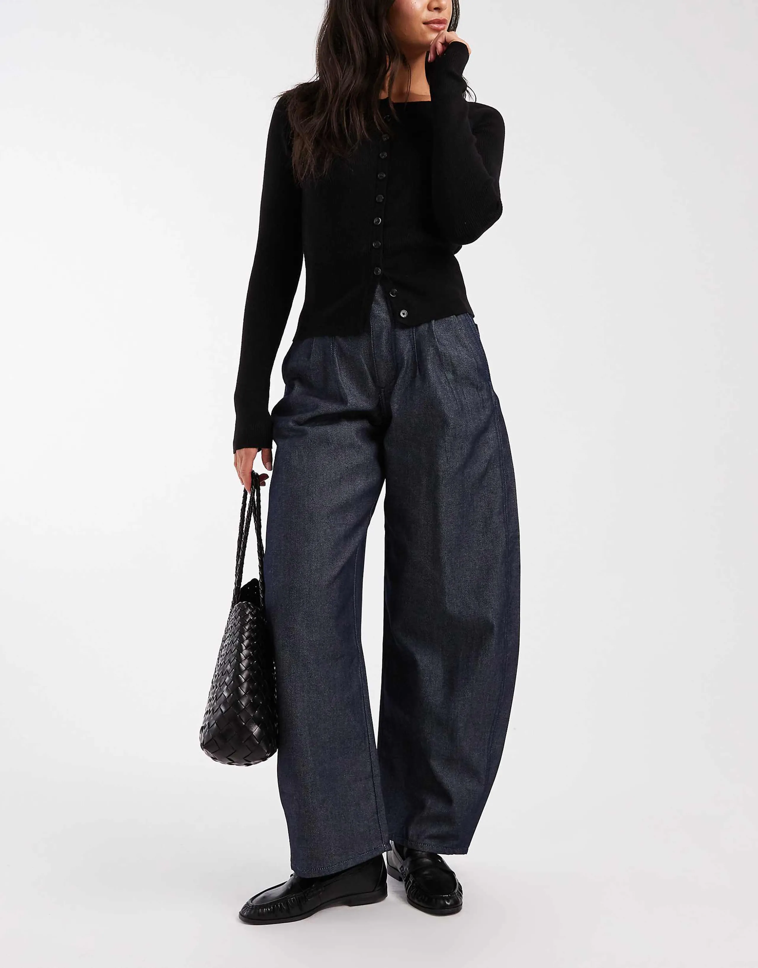 ASOS DESIGN high rise barrel leg jeans with seam detailing in rinse