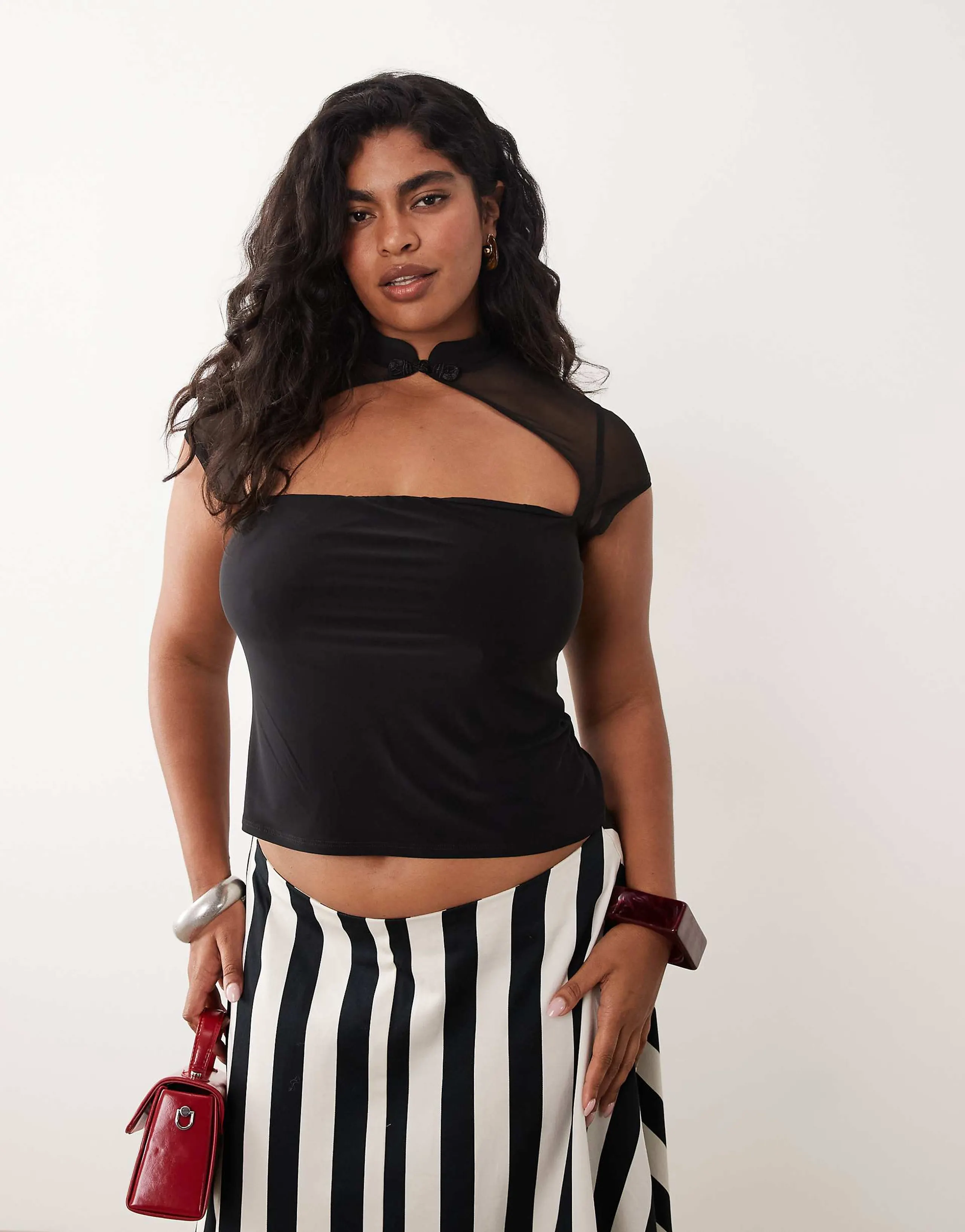 ASOS DESIGN Curve slinky rouleau loop top with mesh cutout in black
