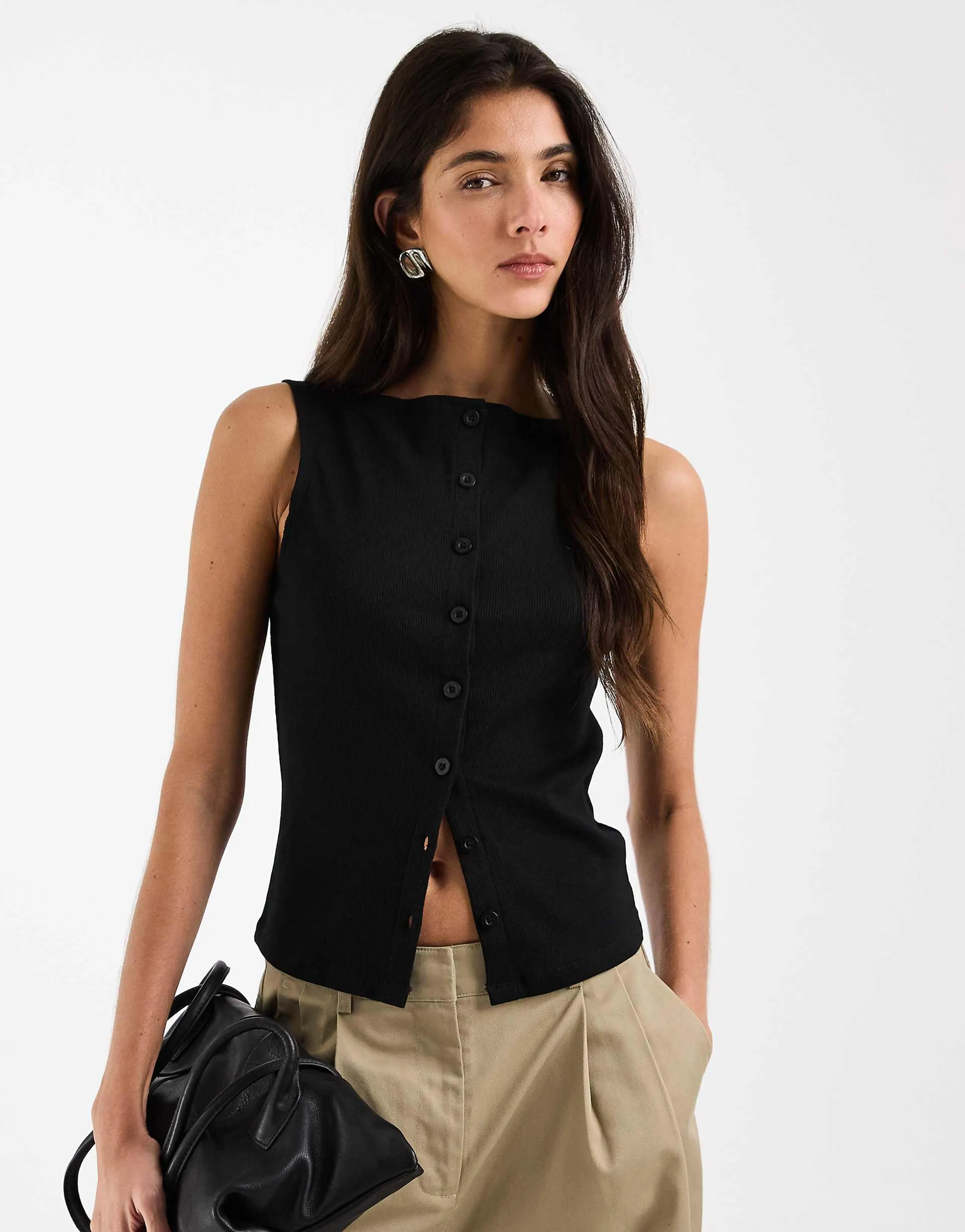 ASOS DESIGN button down boat neck top in black