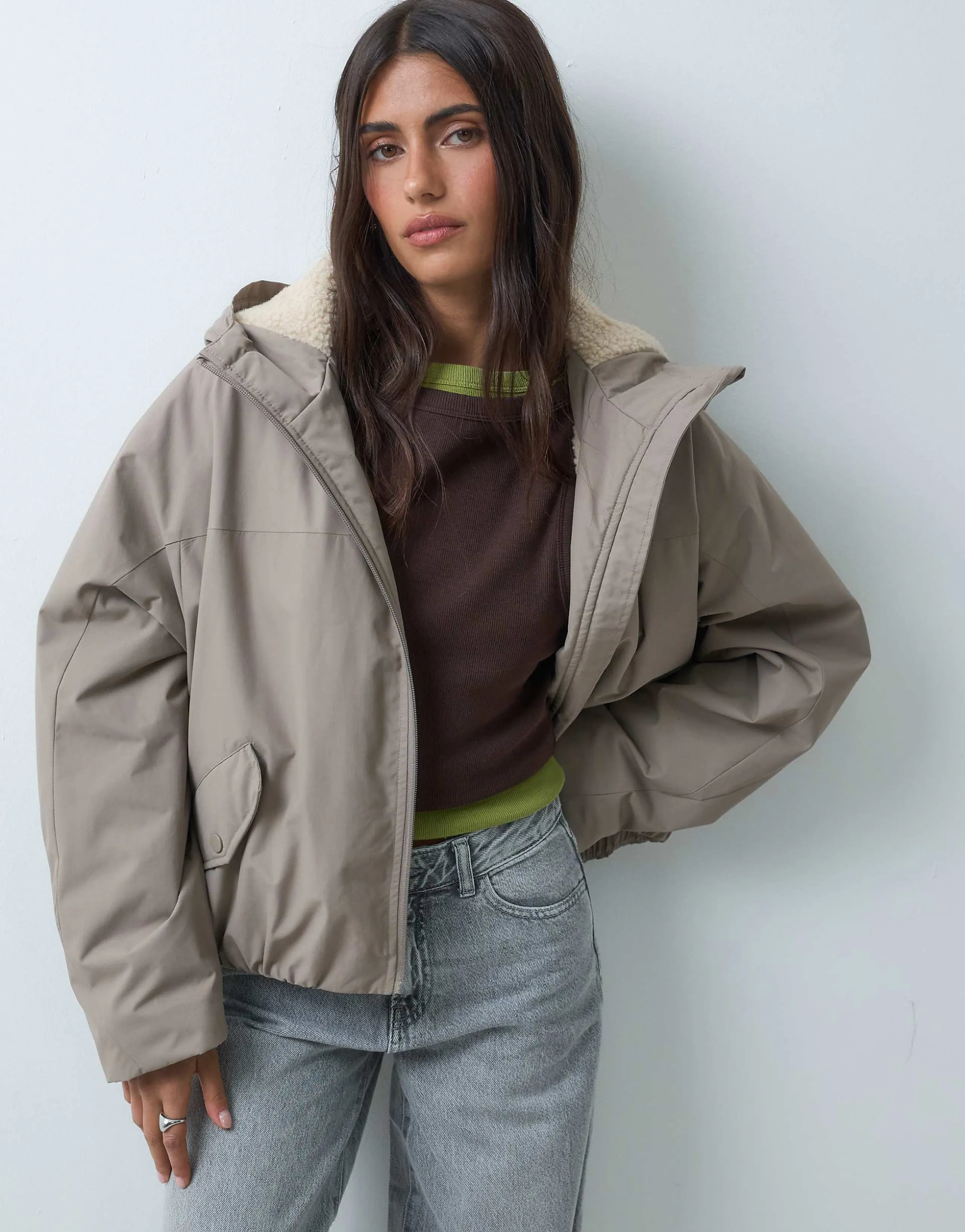 ASOS DESIGN short hooded rain coat with borg liner in neutral