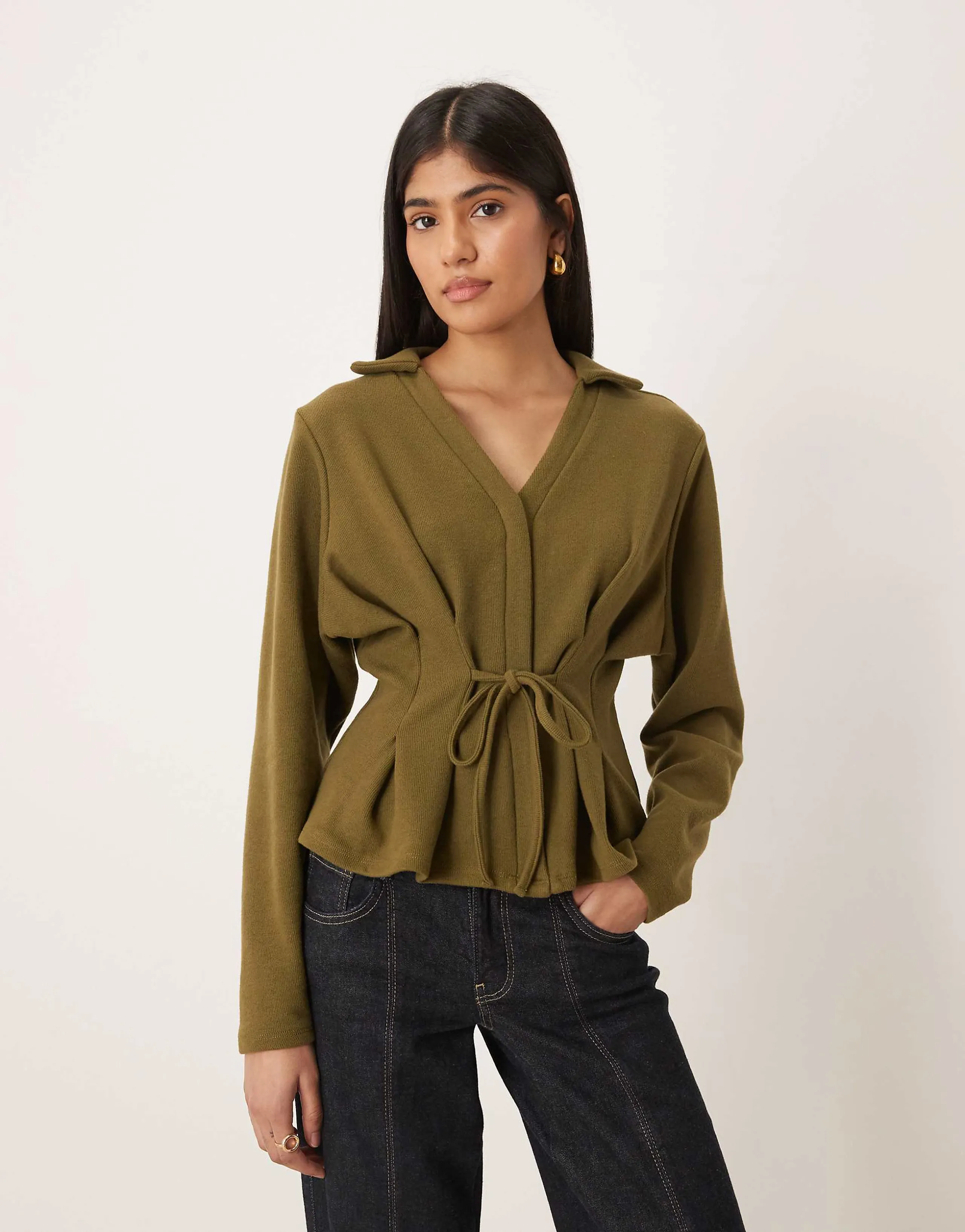 ASOS DESIGN Supersoft tie detail cinched long sleeve polo top in dark olive