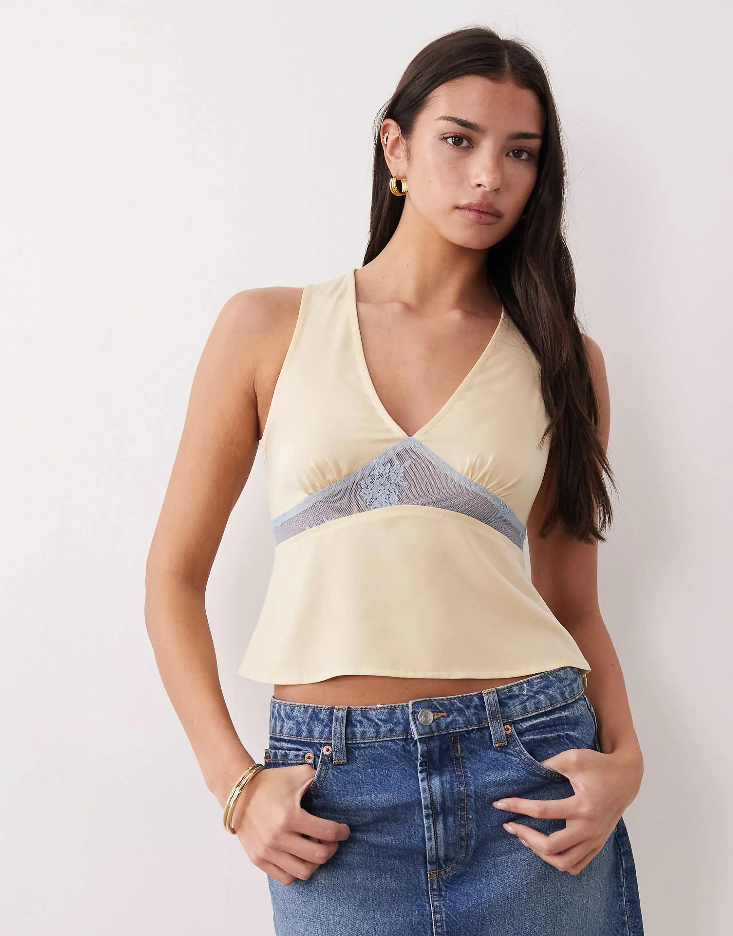 Motel Valeska lace insert satin plunge neck top in yellow