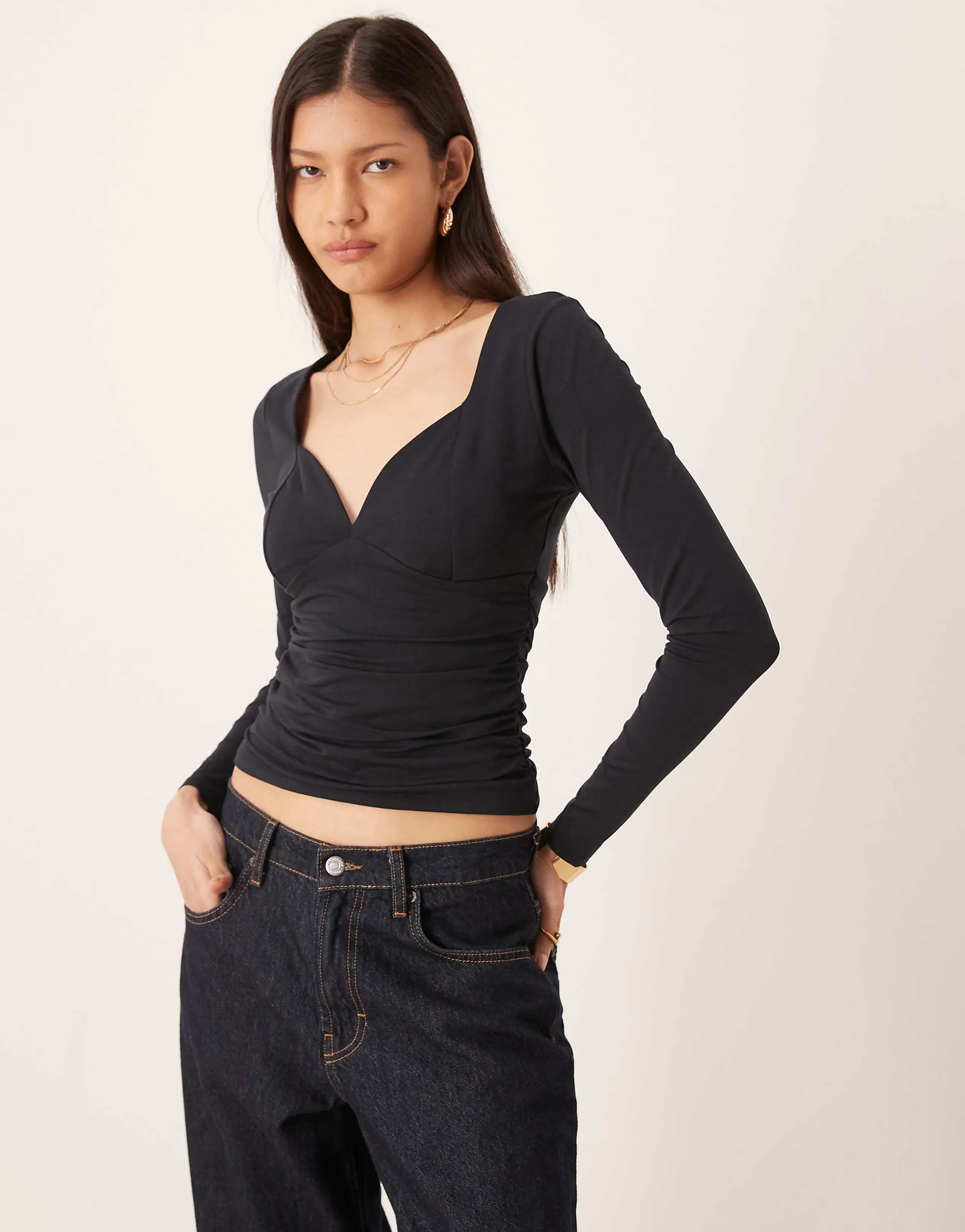 Abercrombie & Fitch sweetheart neck long sleeve top with built in bra in black