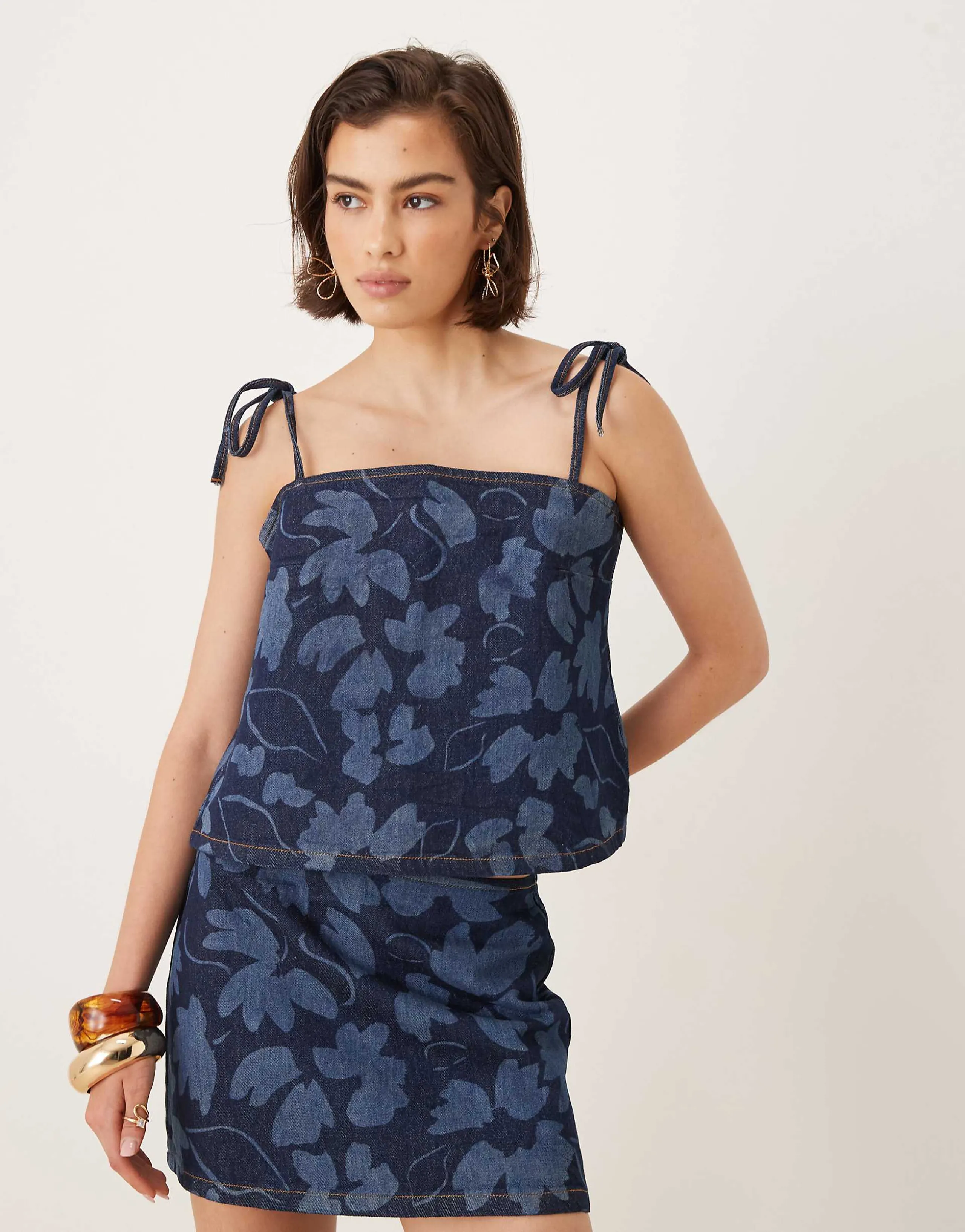 ASOS DESIGN denim cami top with tie straps in floral laser indigo - part of a set