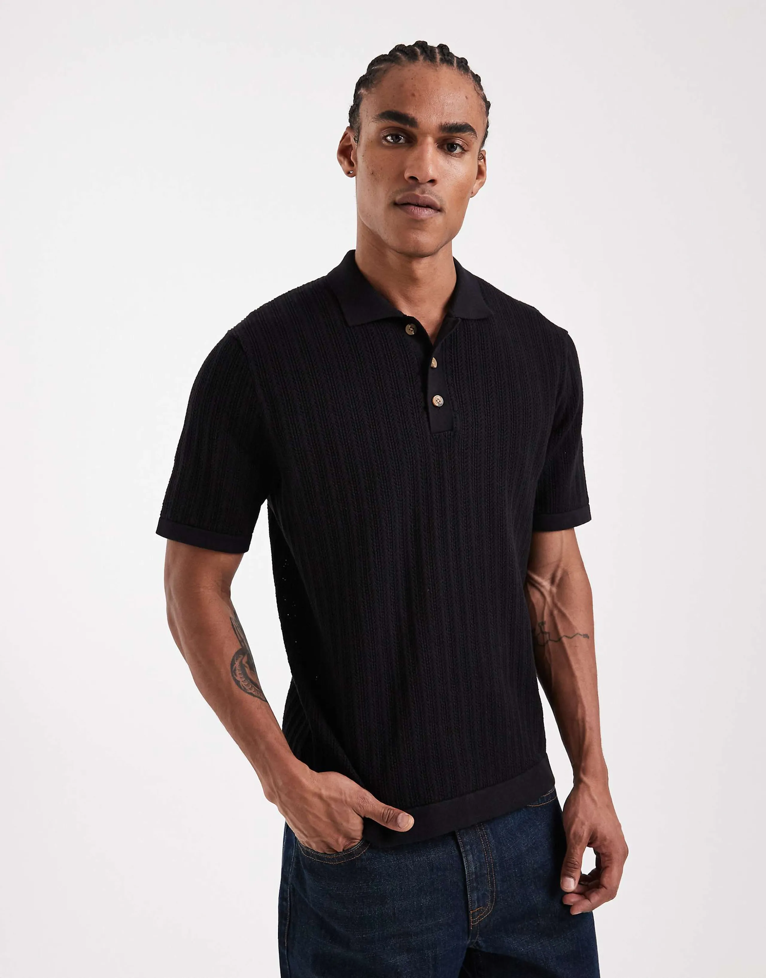 ONLY & SONS open knit polo in black