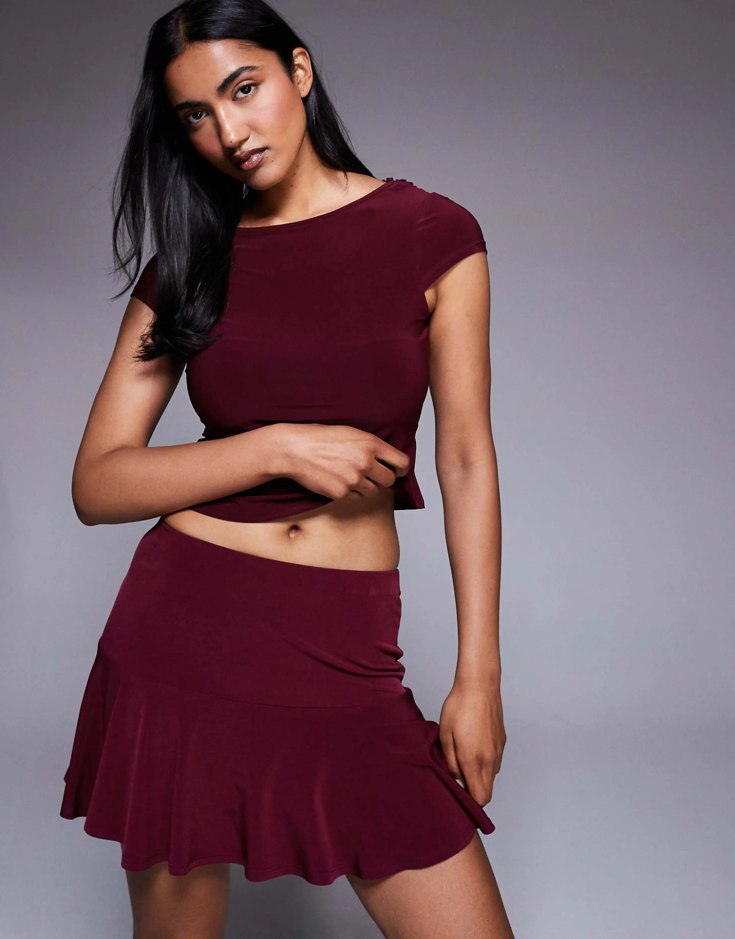 ASOS DESIGN slinky flippy mini skirt in burgundy - part of a set