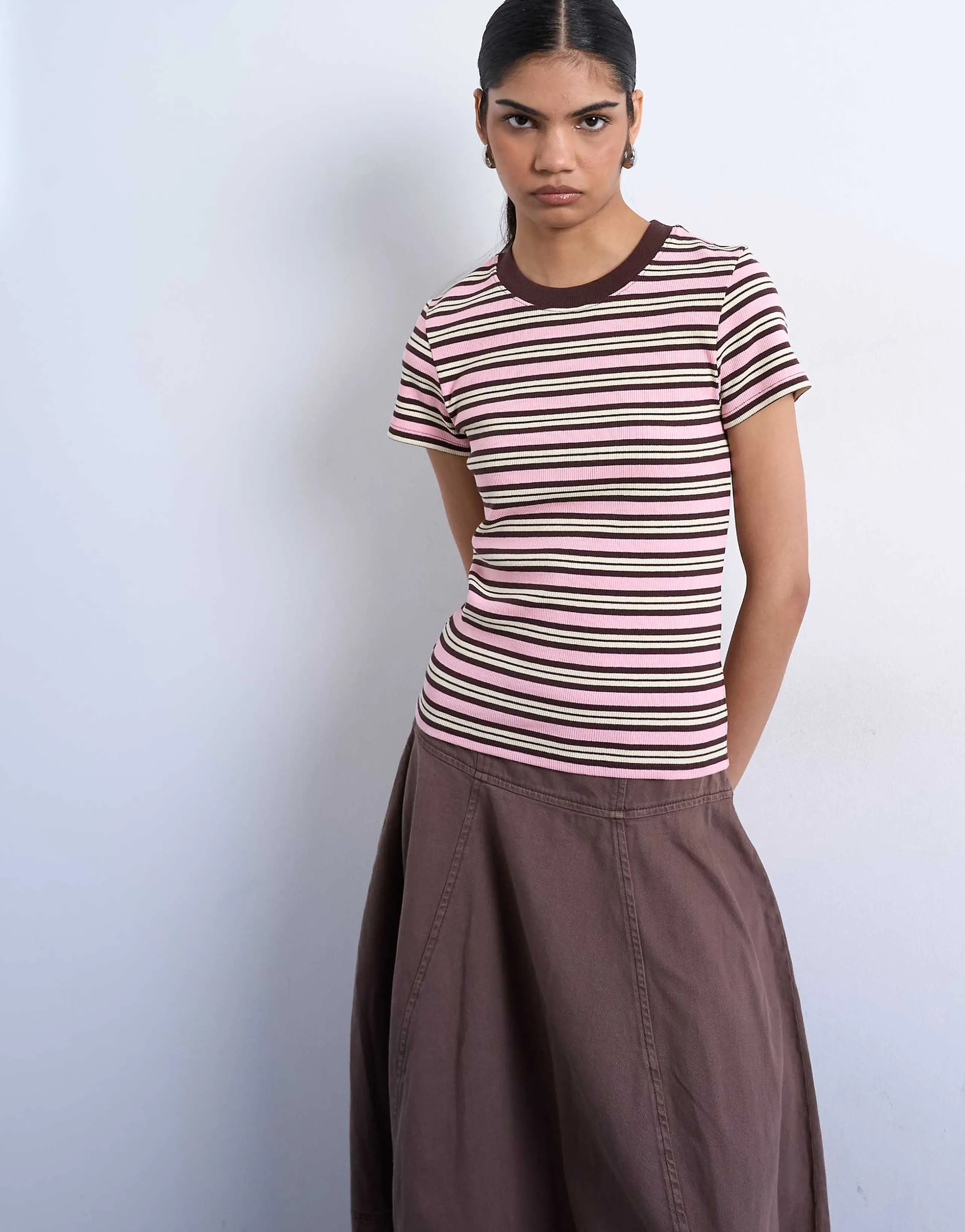 Topshop striped ribbed short sleeve tee in pink and brown