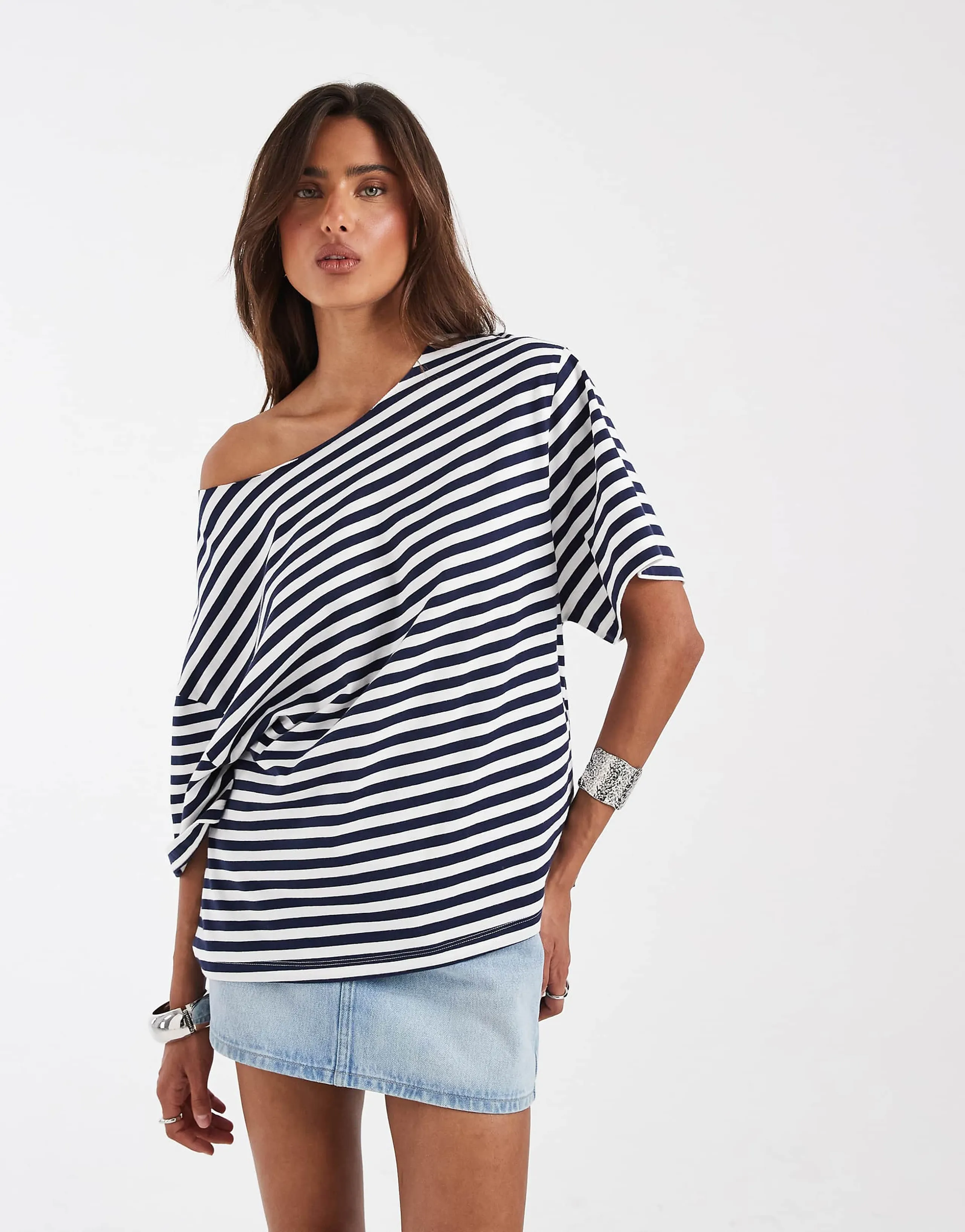 ASOS DESIGN slouchy off shoulder oversized tee navy stripe
