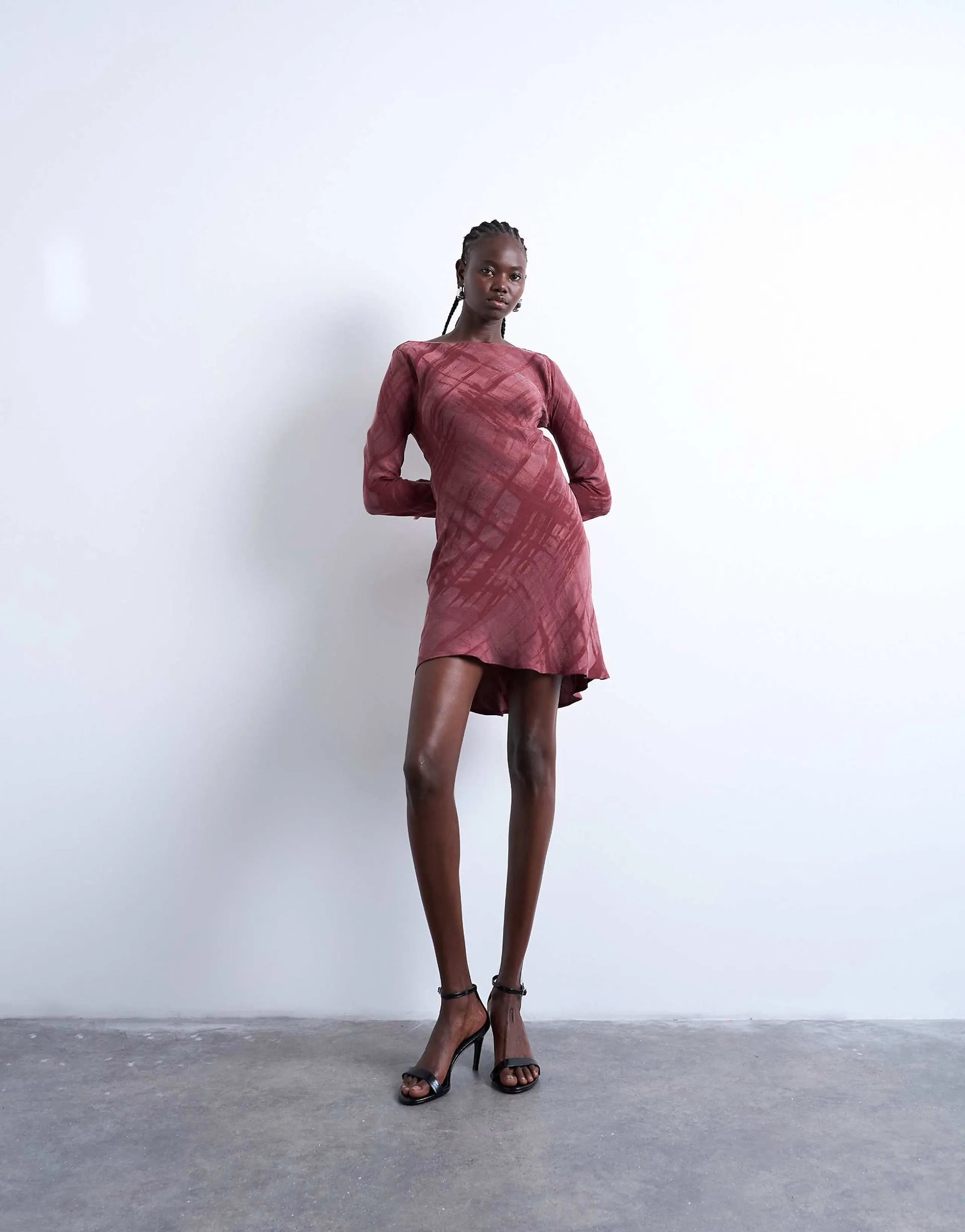 Topshop slash neck mini dress in burgundy premium cupro jacquard