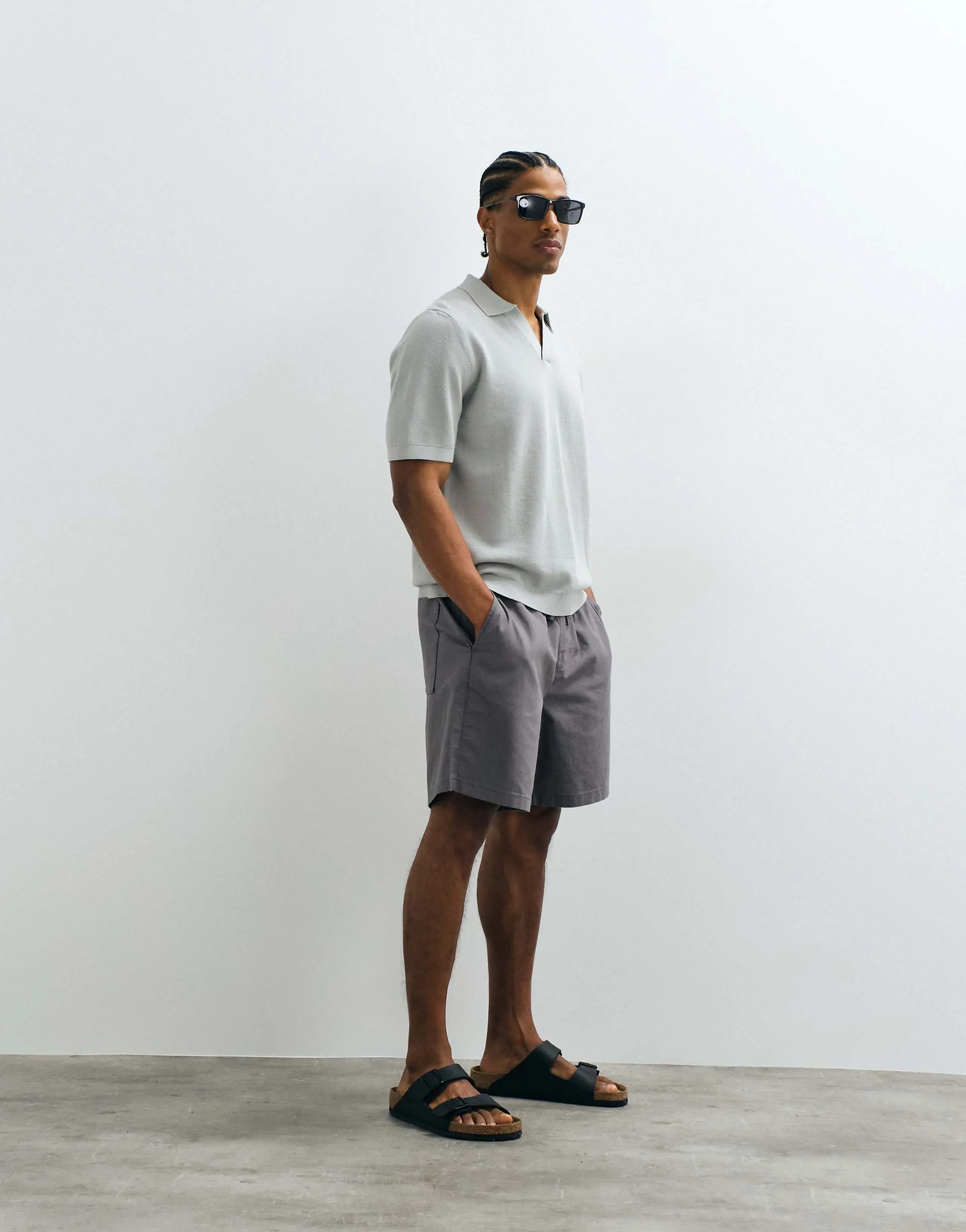 ASOS DESIGN linen wide mid length short in gray
