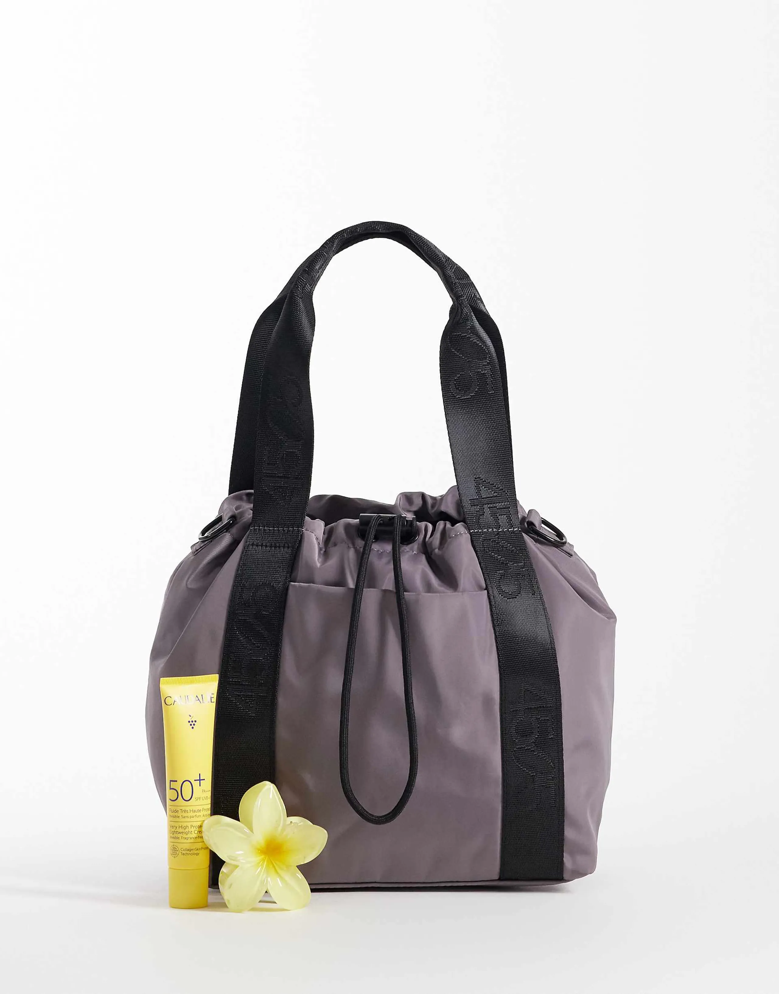 4505 woven adjustable drawstring bucket bag with external pocket in storm gray