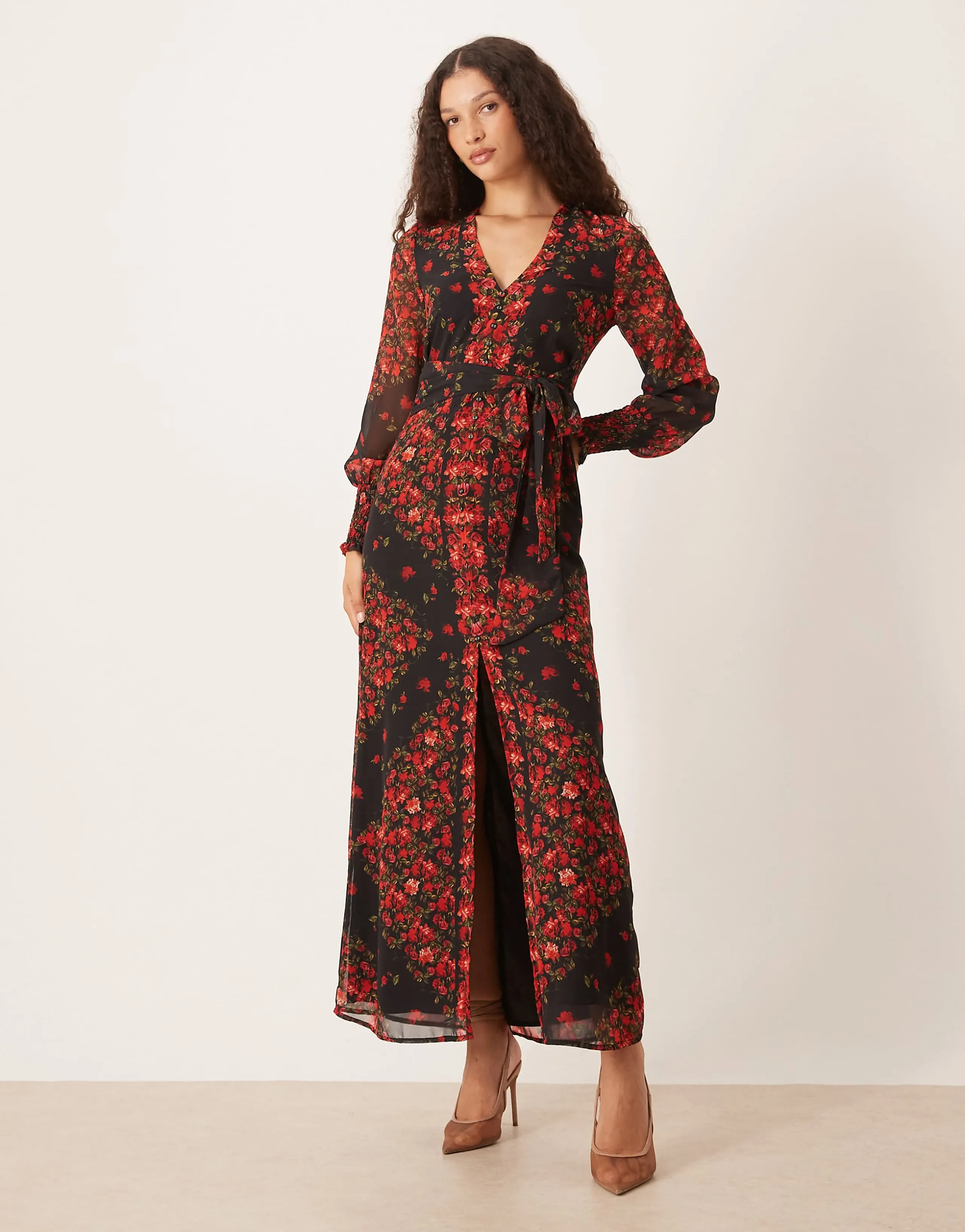 Hope & Ivy v-neck button front maxi dress in black and red floral