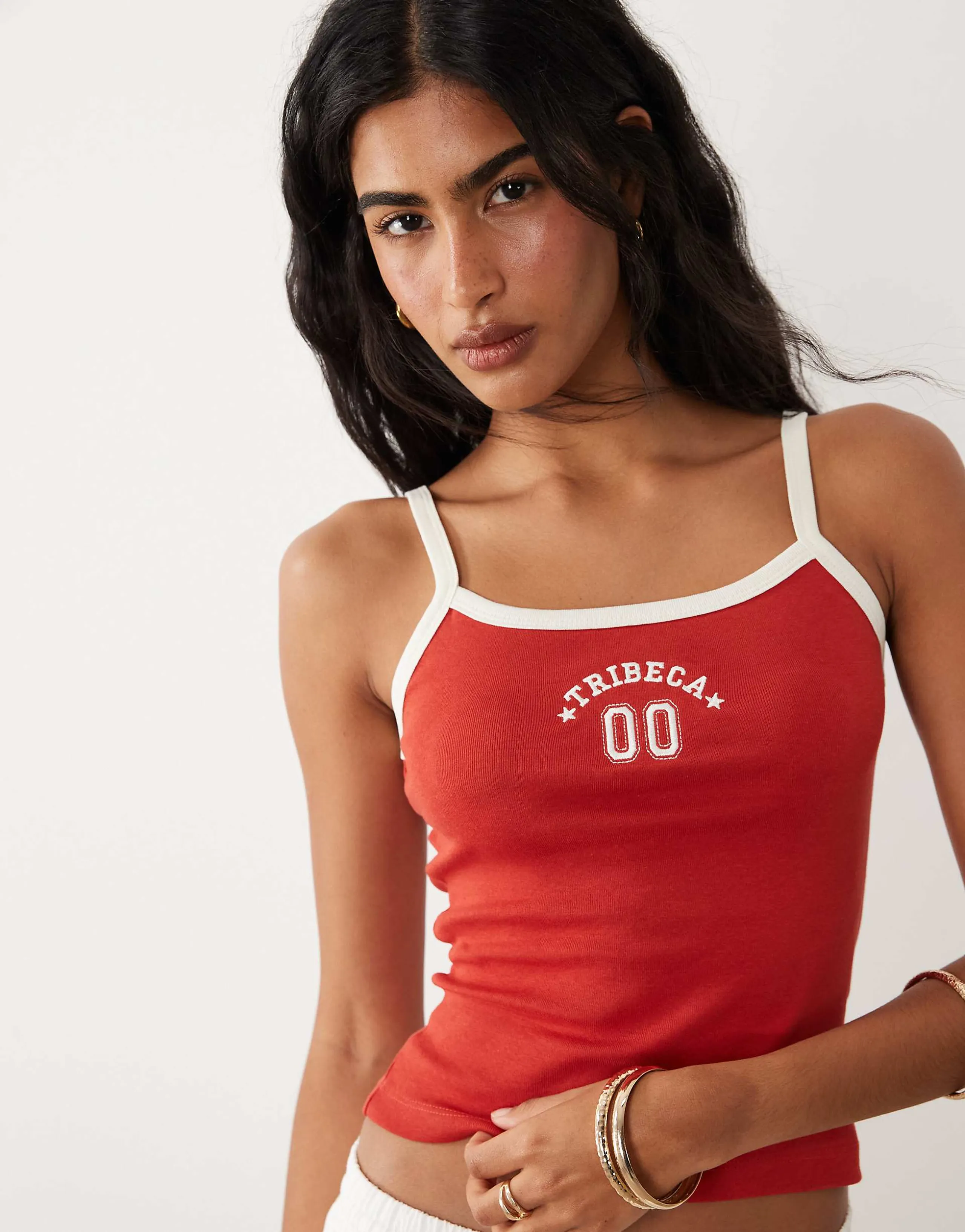 Brave Soul graphic print cropped tank top with contrast piping in red and cream
