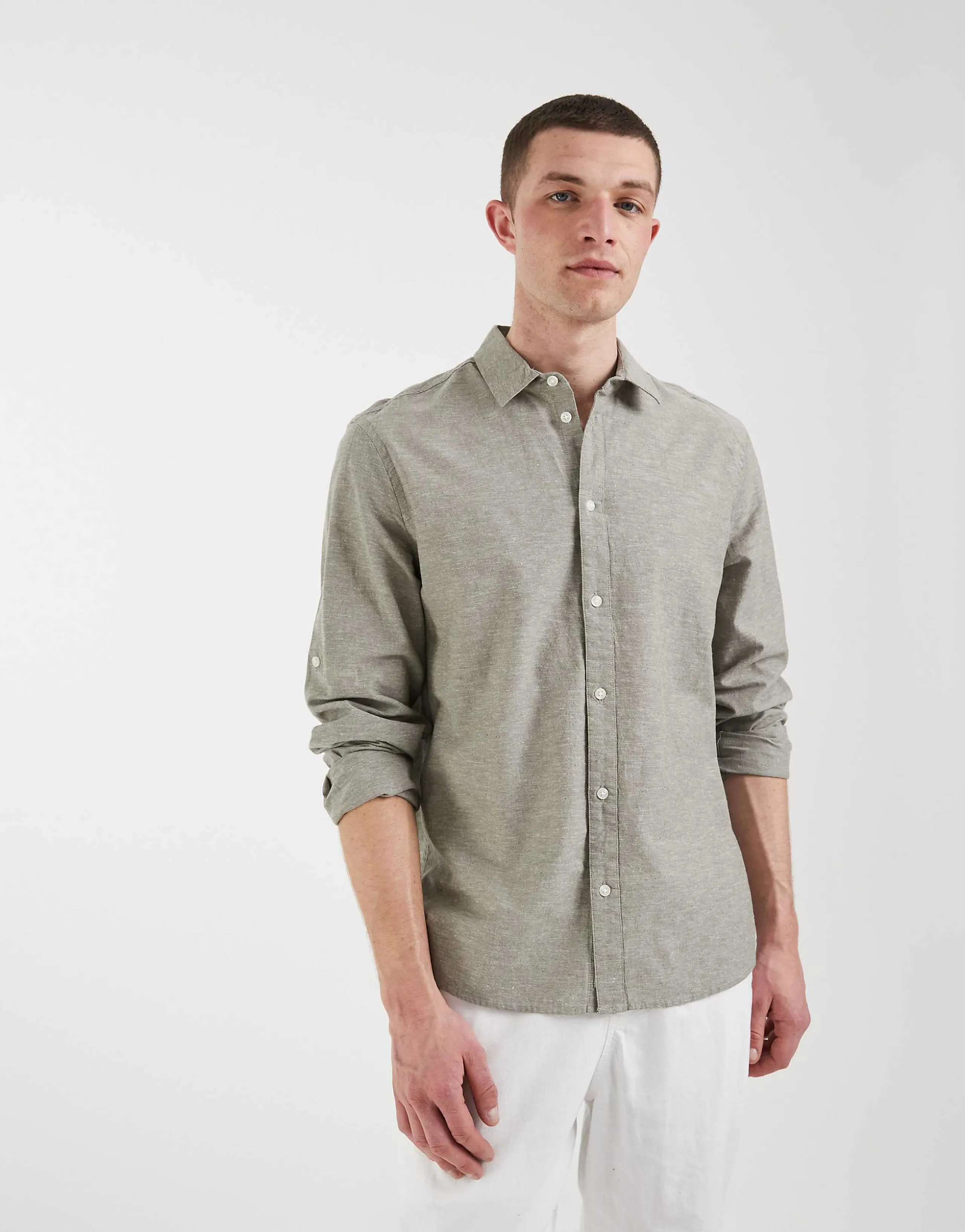 BLEND cotton-linen long sleeve regular fit shirt in dusty olive
