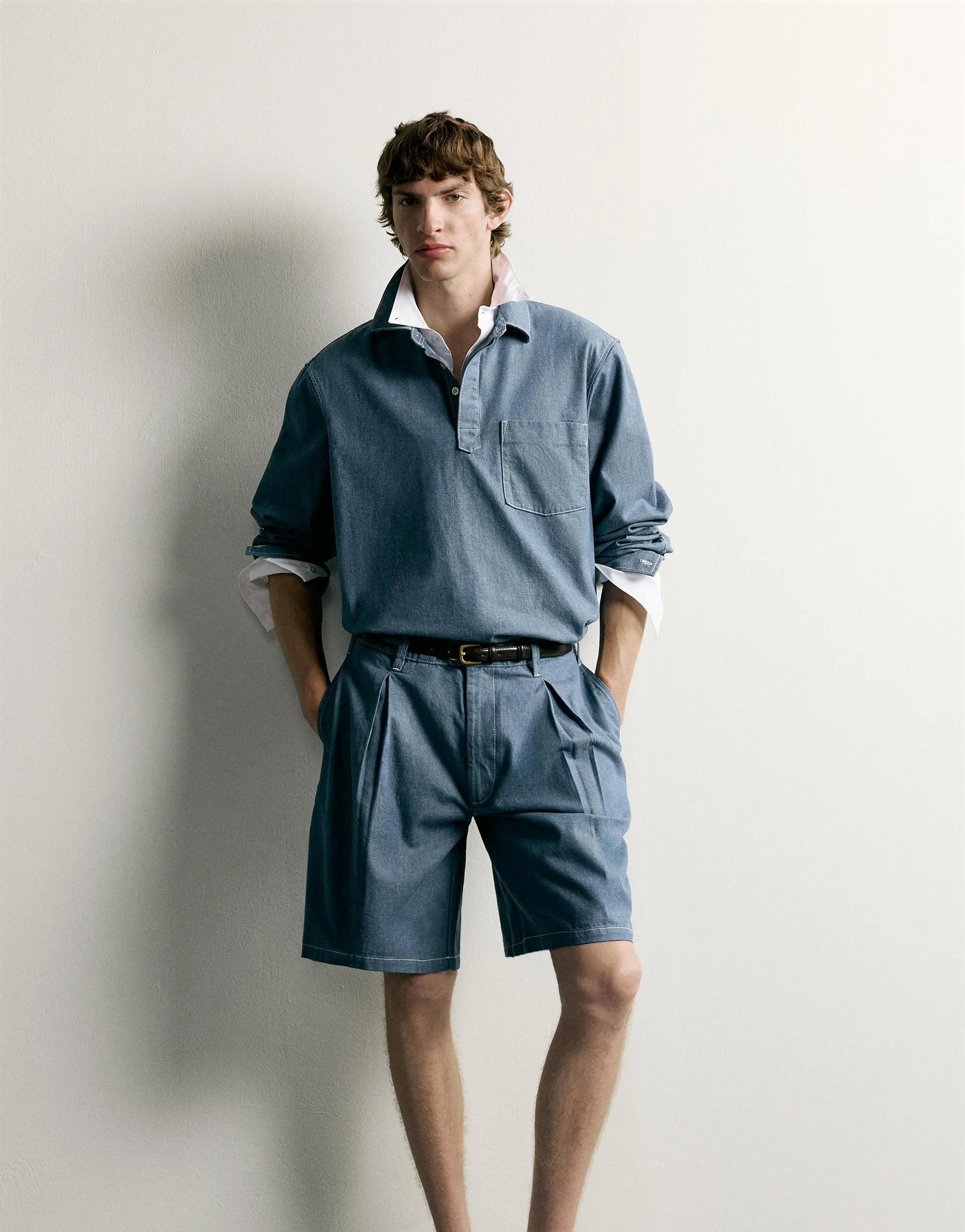 LIGHTWEIGHT WASHED DENIM POLO SHIRT