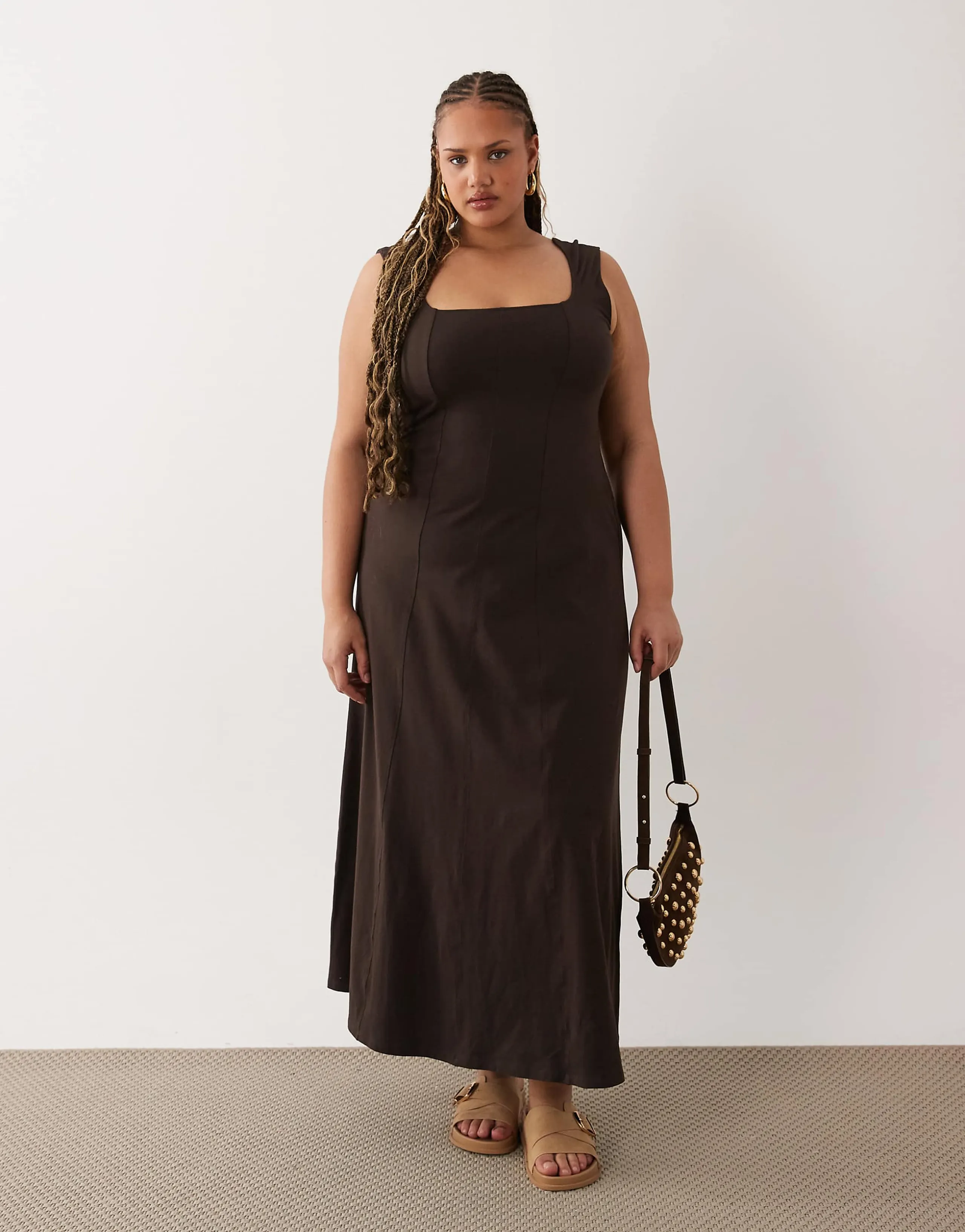 ASOS DESIGN Curve square neck seam detail midi dress in chocolate