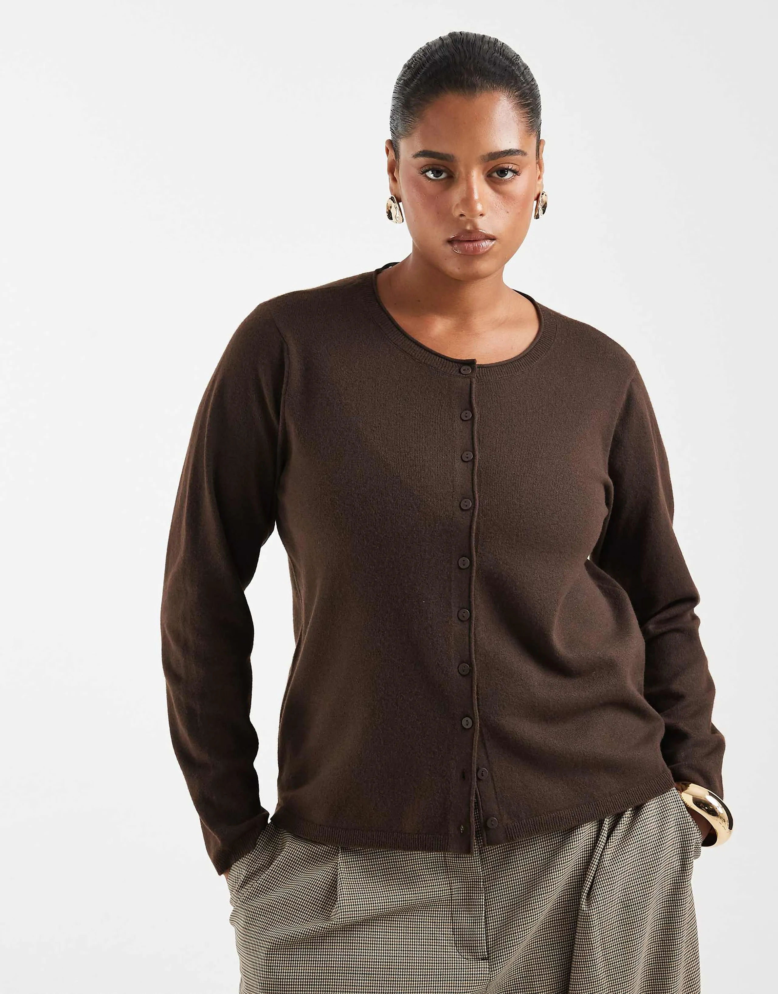 ONLY Curve button up cardigan in chocolate brown
