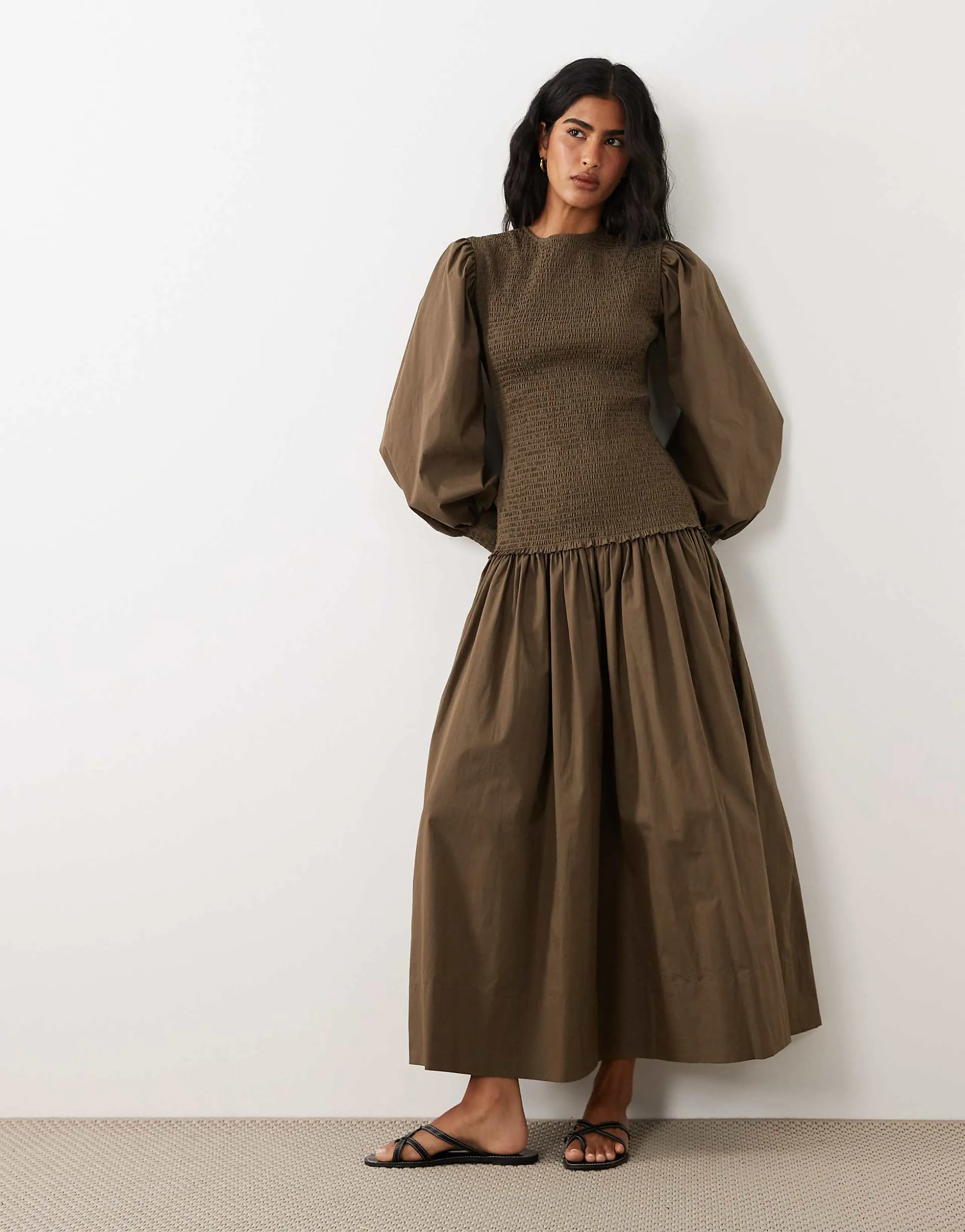 ASOS DESIGN shirred poplin maxi dress in brown