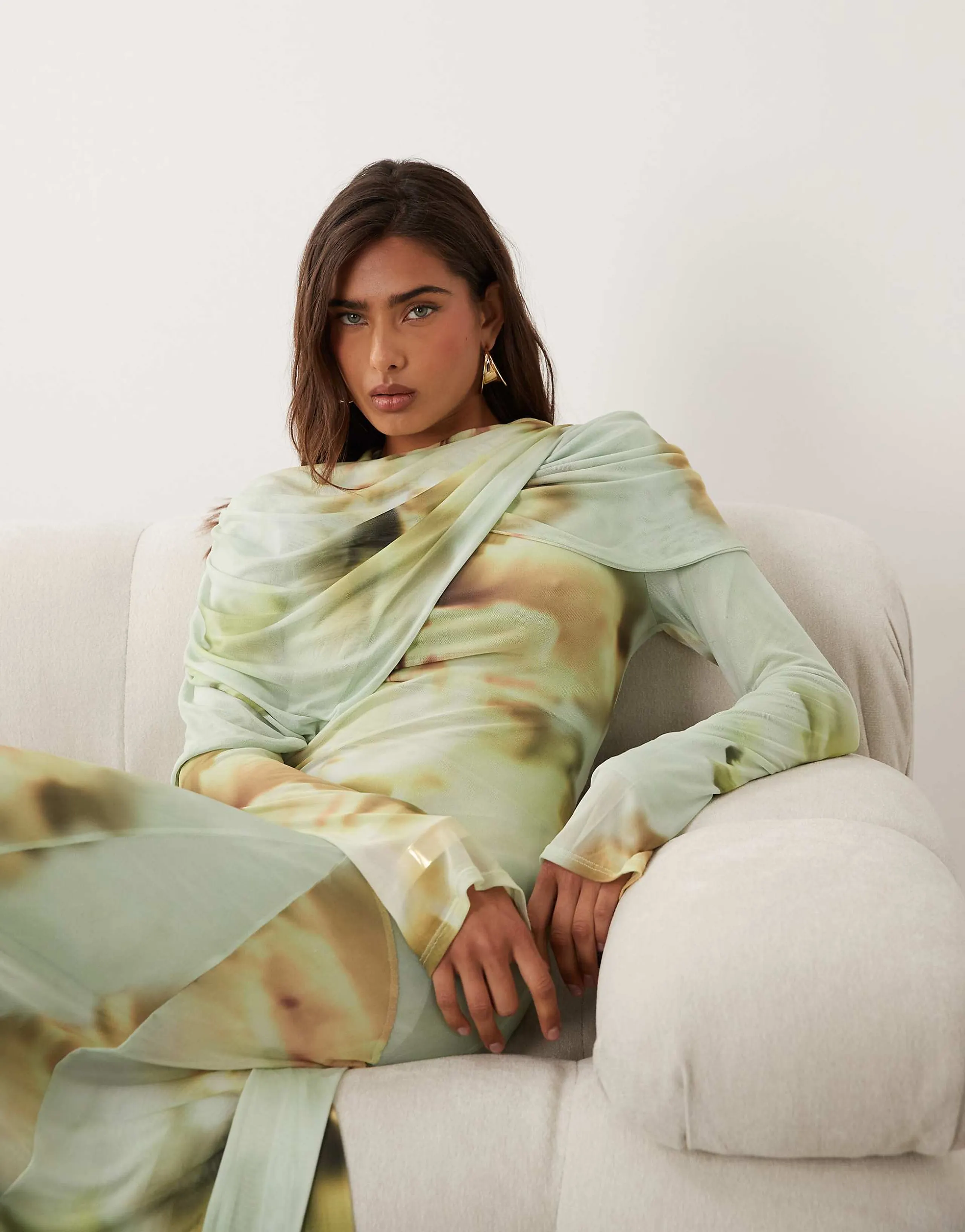 ASOS DESIGN printed mesh maxi dress with overlay draped neckline detail in green blurred floral