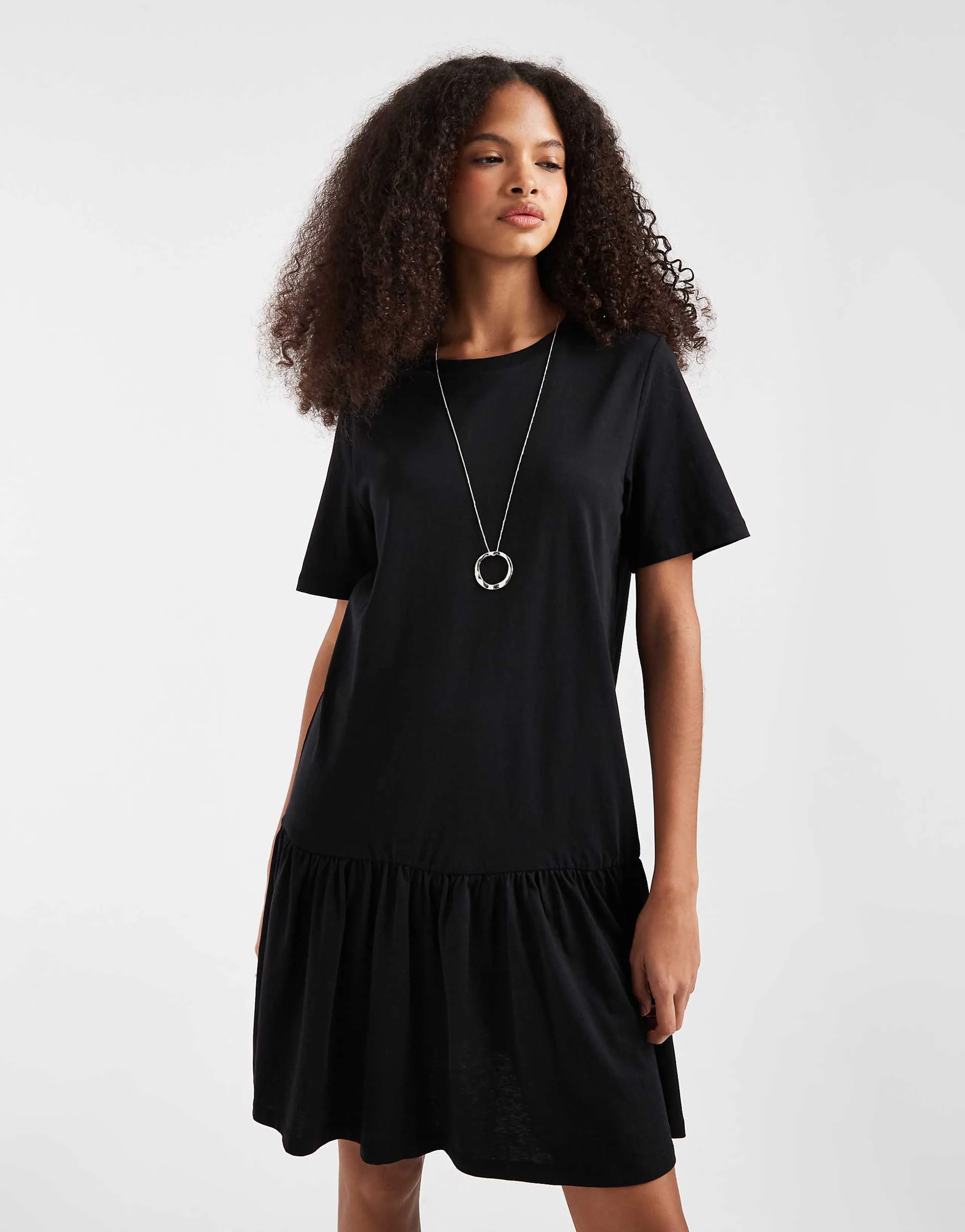 Pieces drop waist short sleeve mini dress in black