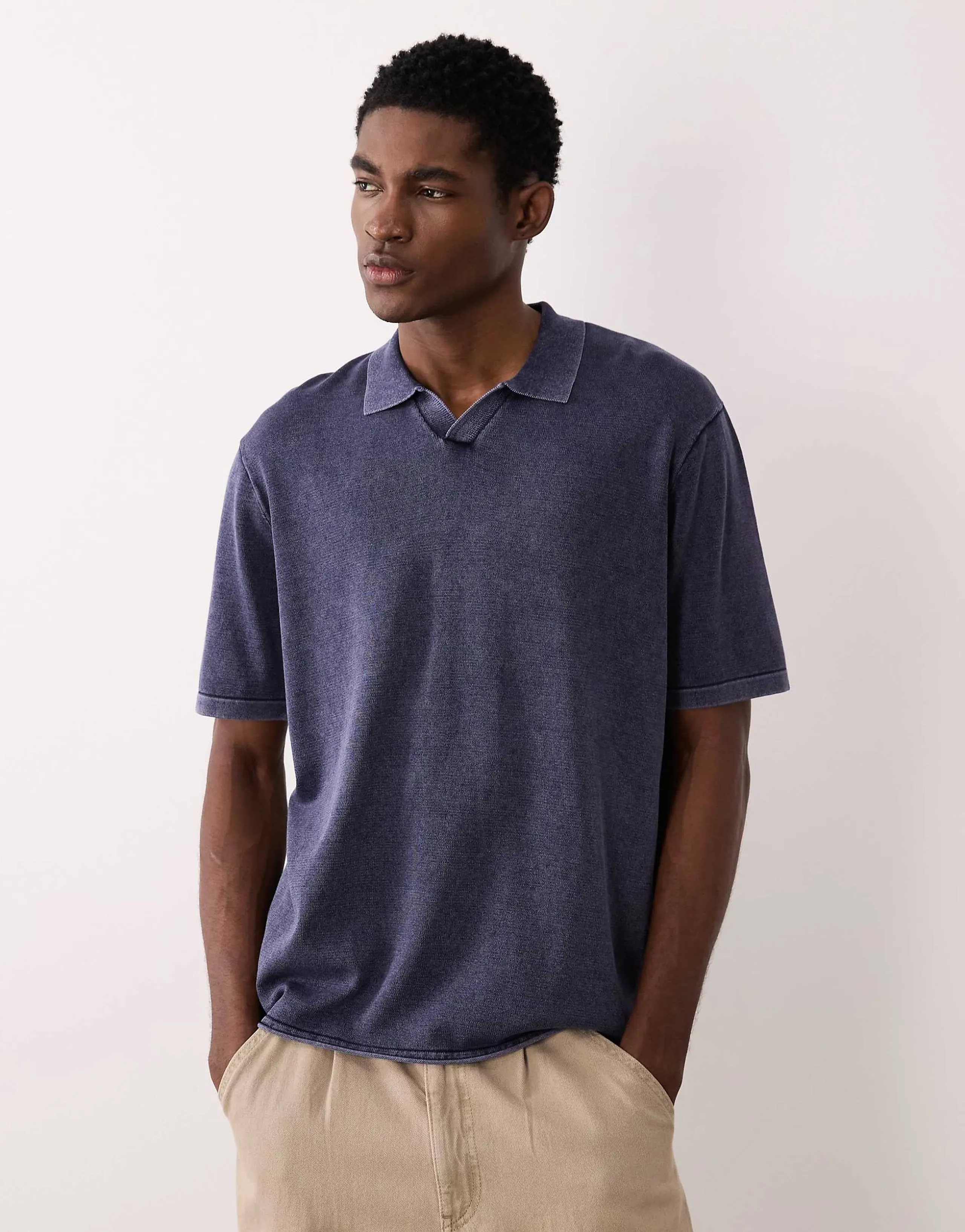 JJ Rebel split neck polo shirt in washed navy