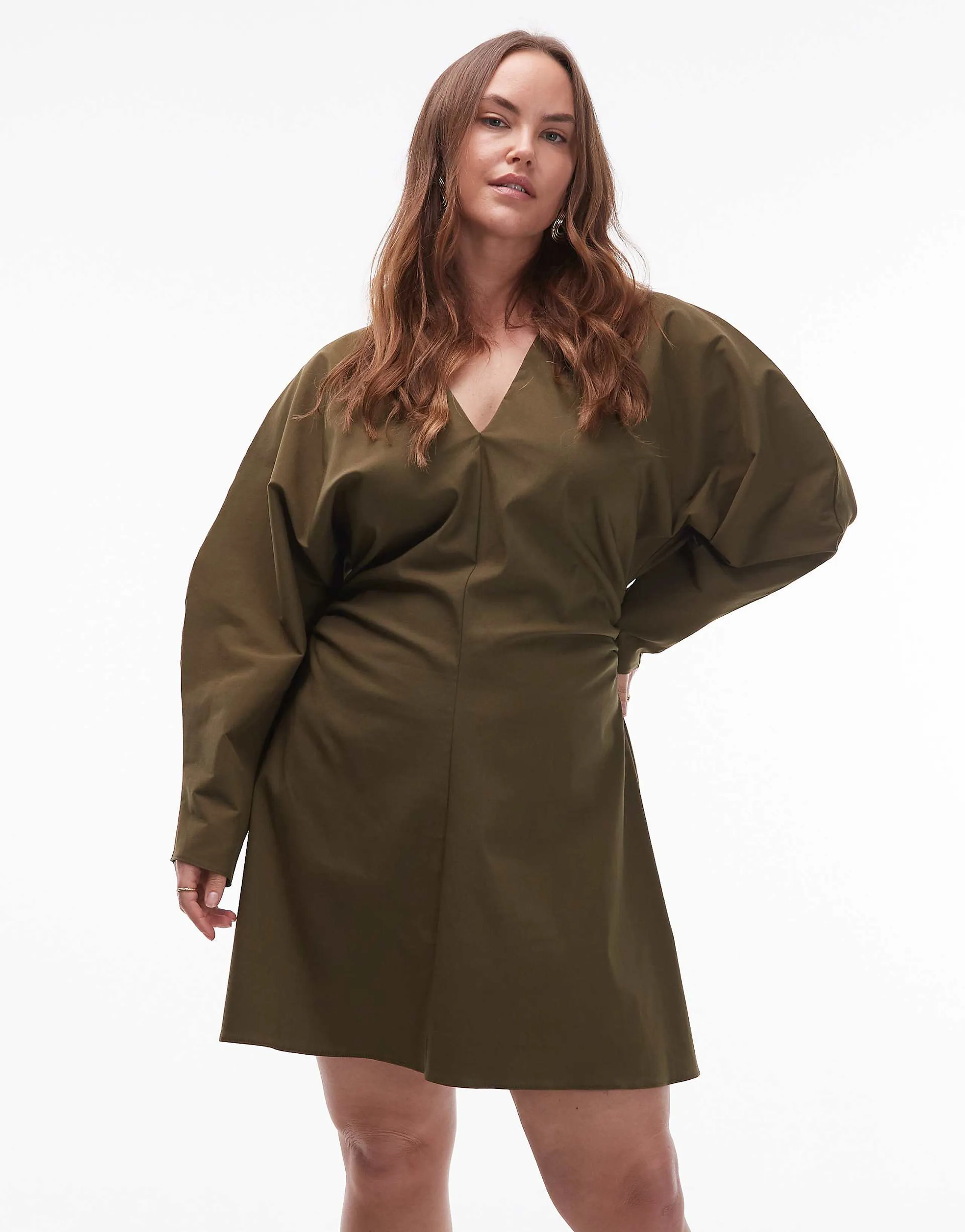 ASOS DESIGN Curve v-neck ruched bengaline mini dress in olive