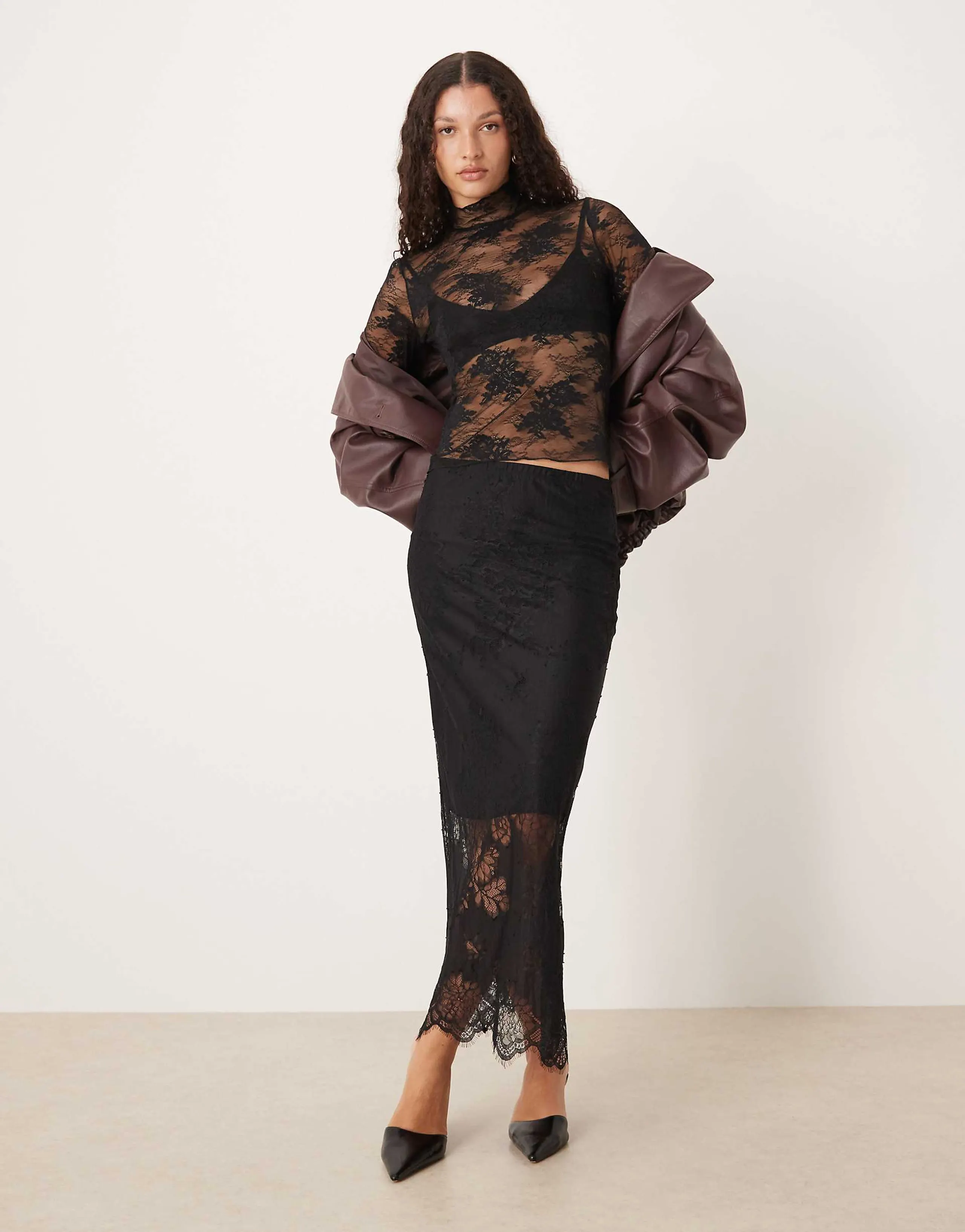Gina Tricot midi skirt with lace insert in black