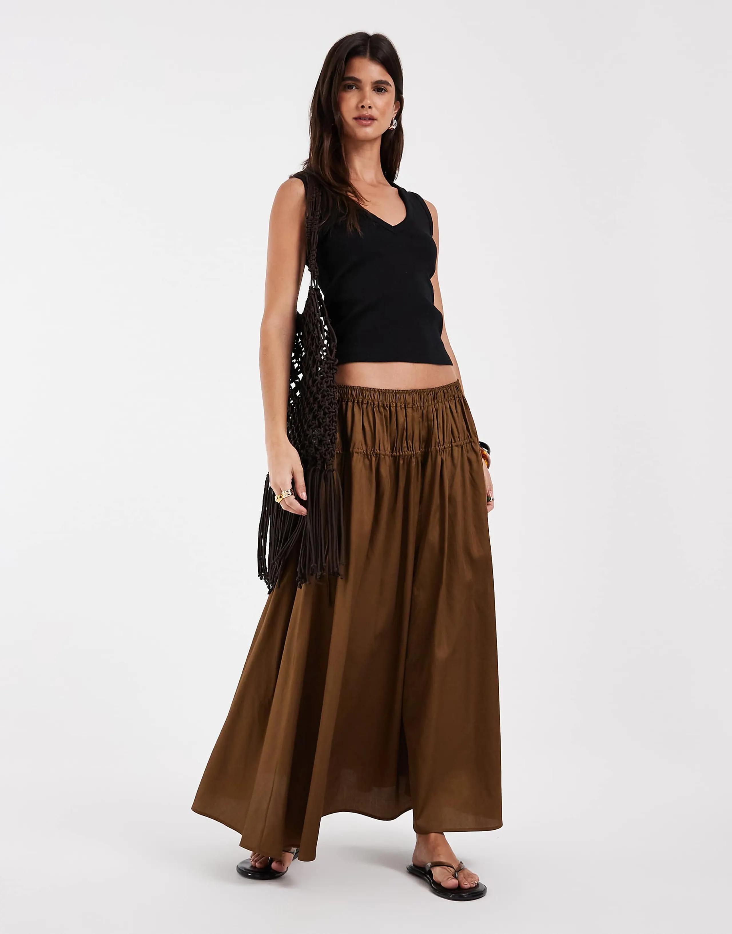 & Other Stories drawstring waist detail maxi skirt in chocolate brown