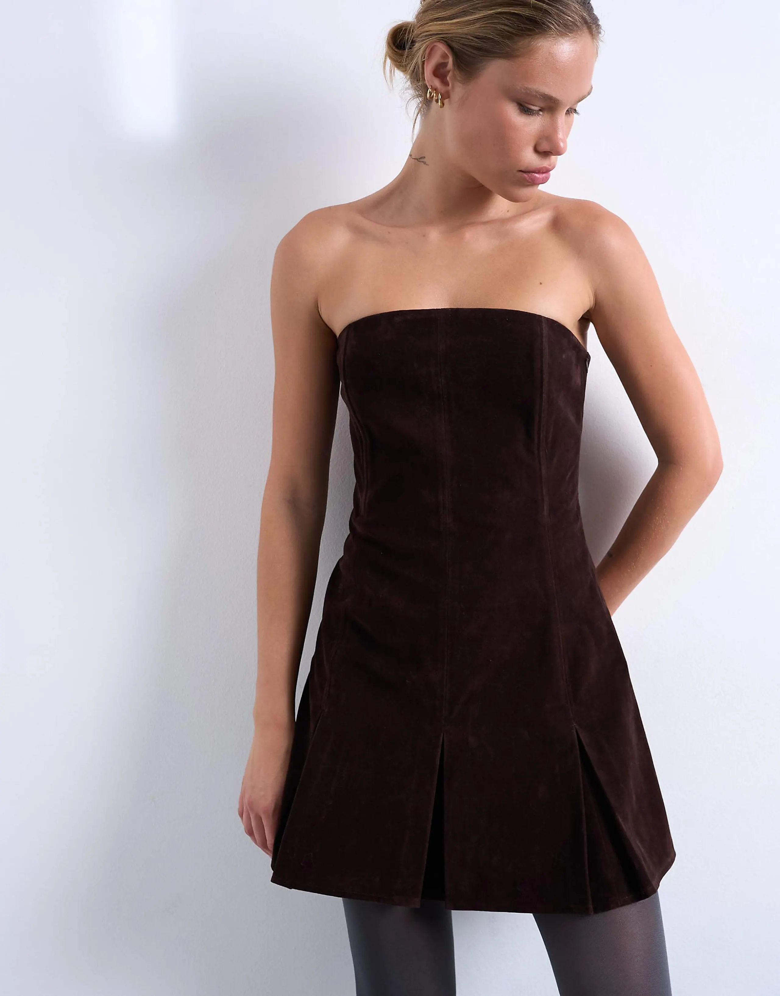Topshop faux suede bandeau mini dress with pleated hem in chocolate