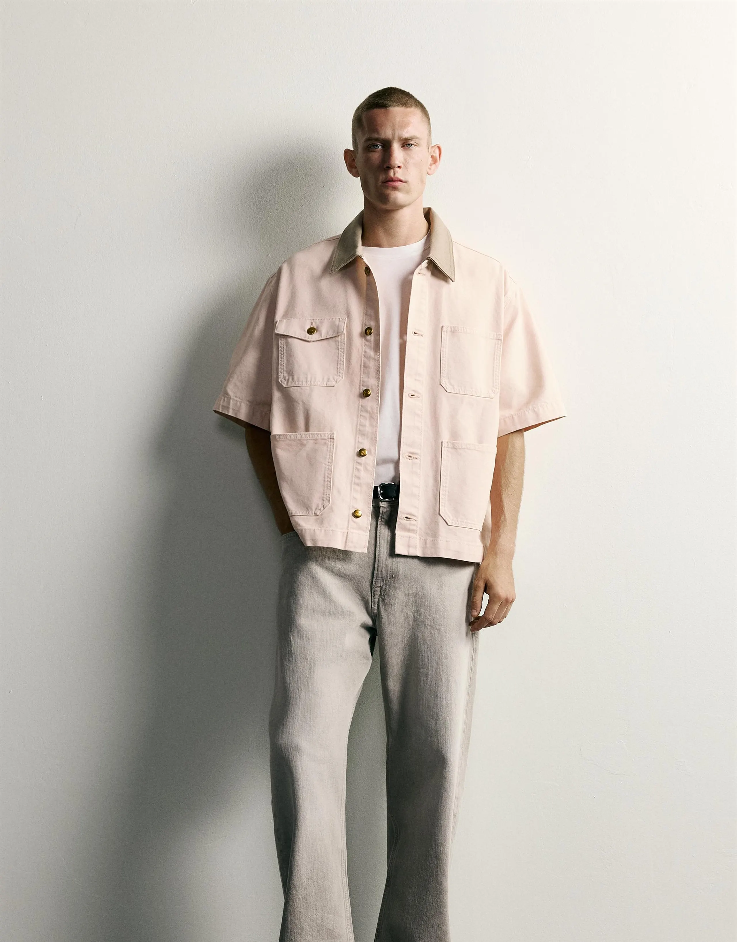 CONTRAST COLLAR SHORT SLEEVE OVERSHIRT