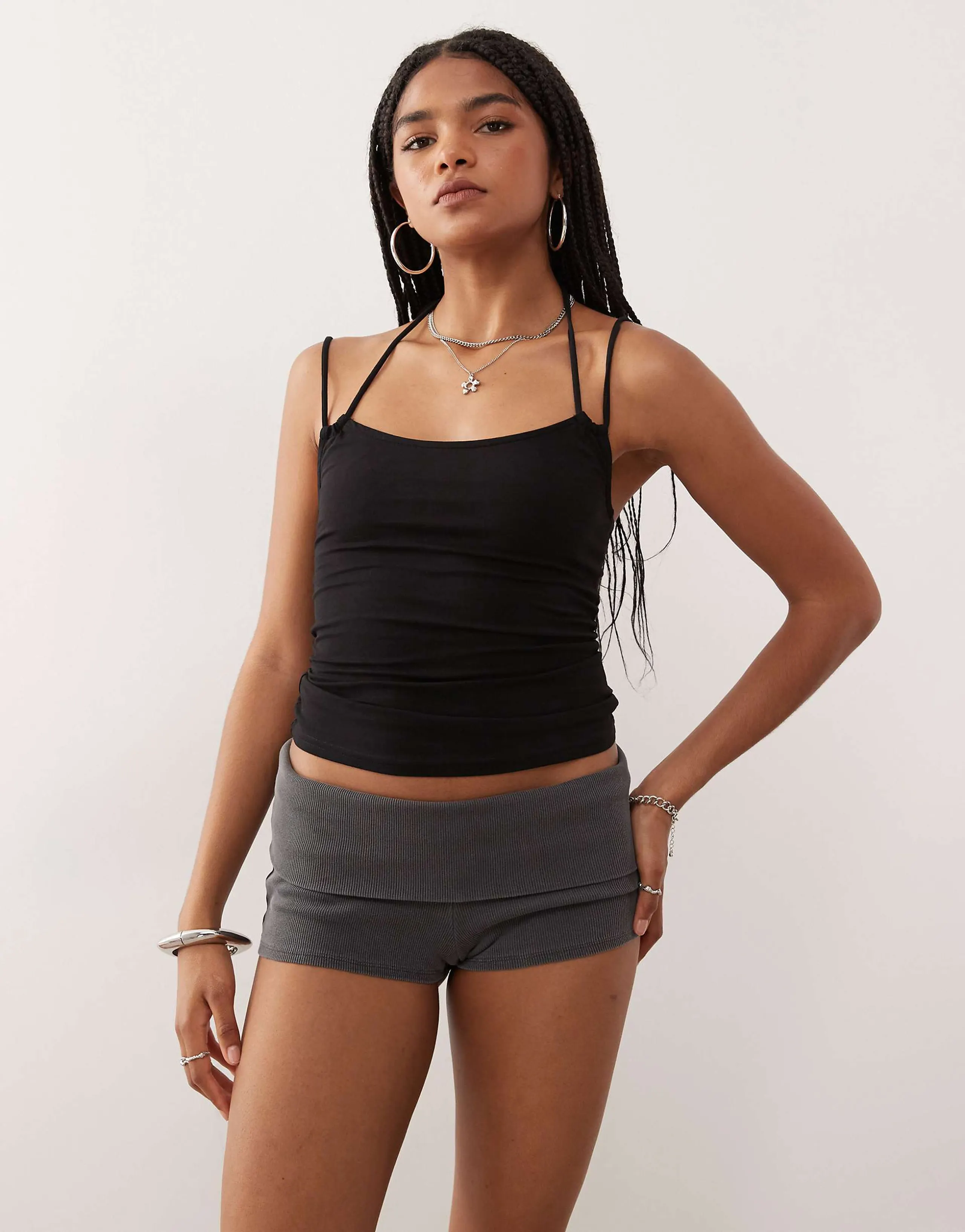 Weekday jersey ribbed hot pants with fold over waistband in washed black