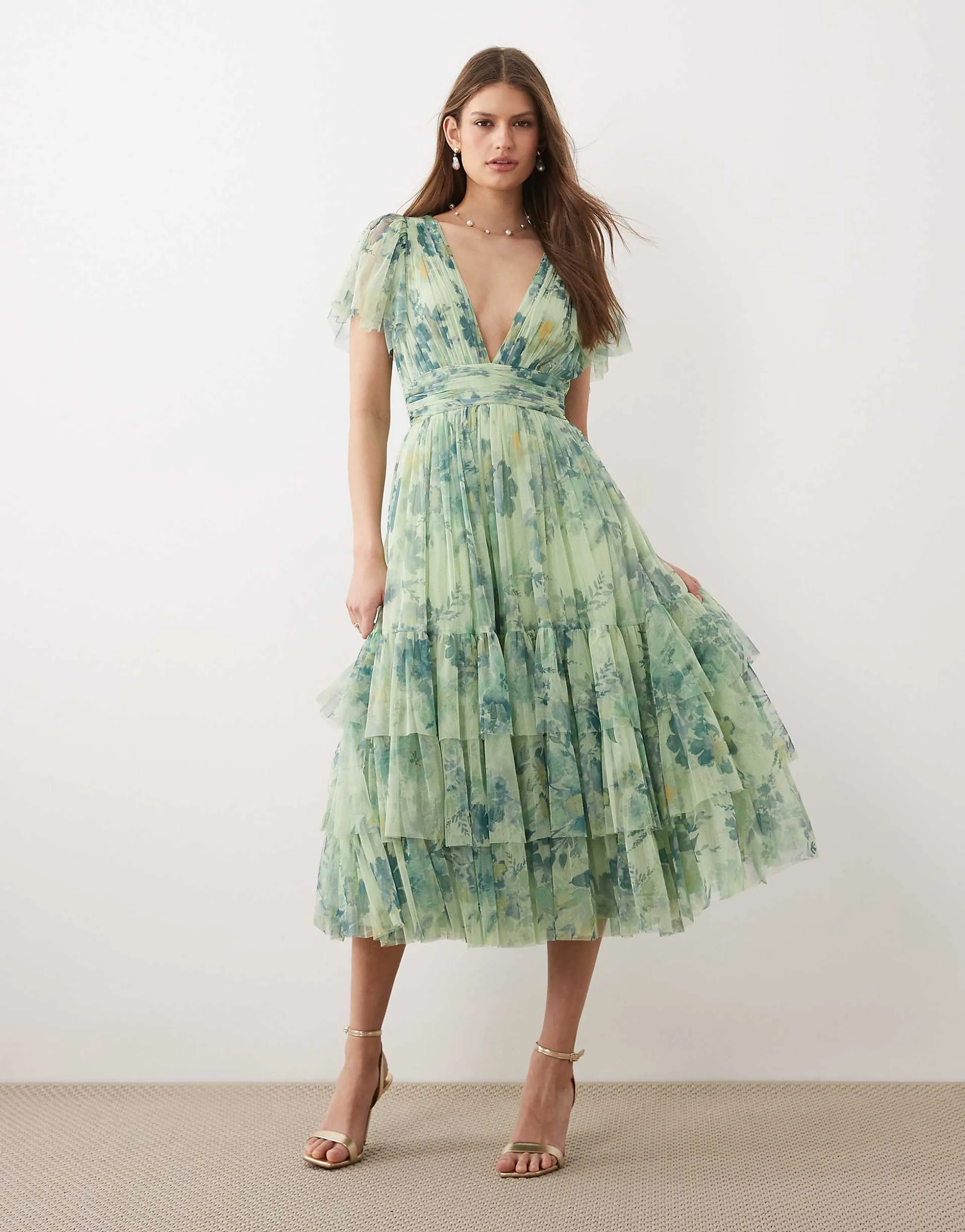 Lace & Beads Madison tulle flutter sleeve plunge neck midi dress in sage green floral