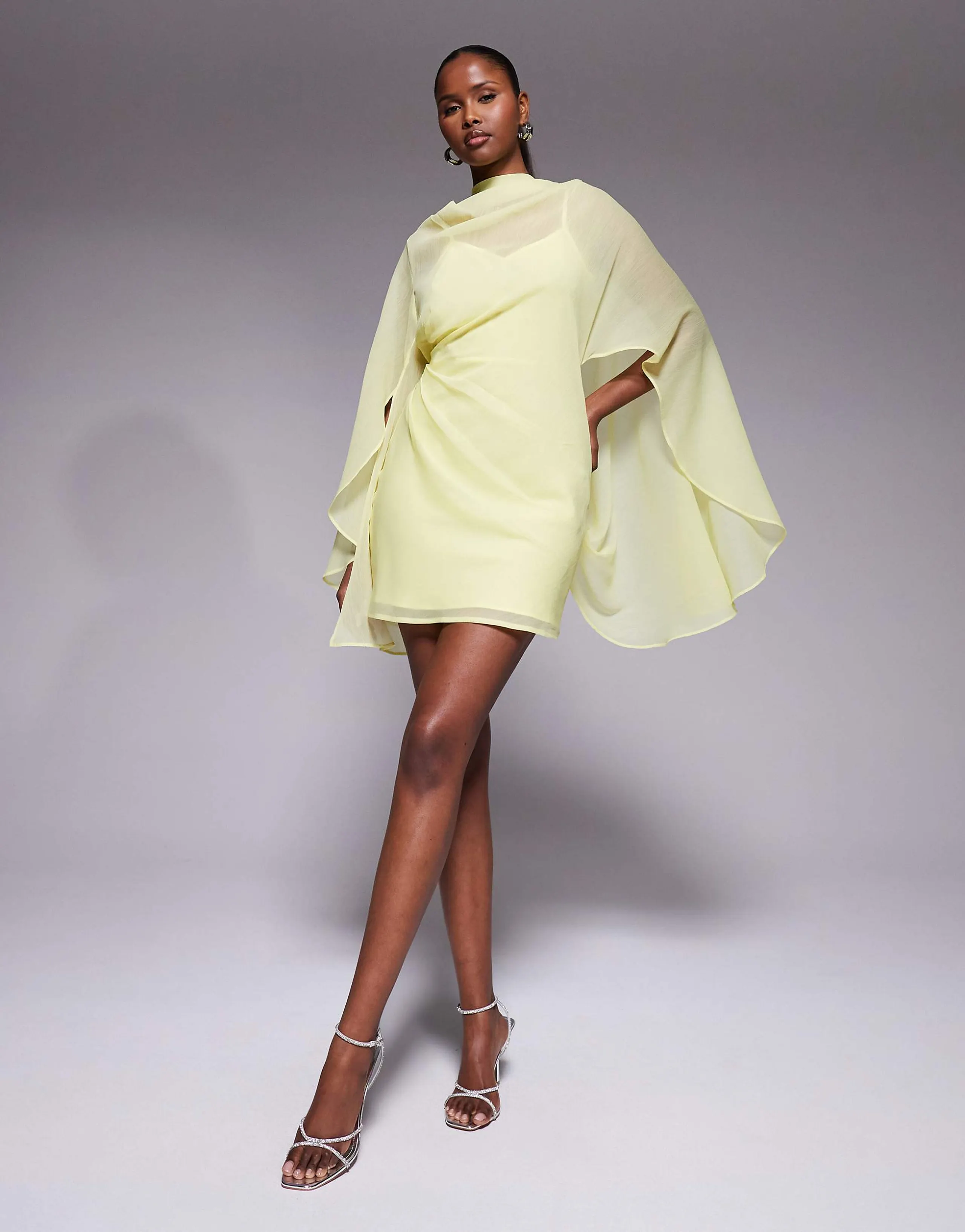 ASOS DESIGN high neck drape front extreme cape sleeve mini dress in yellow