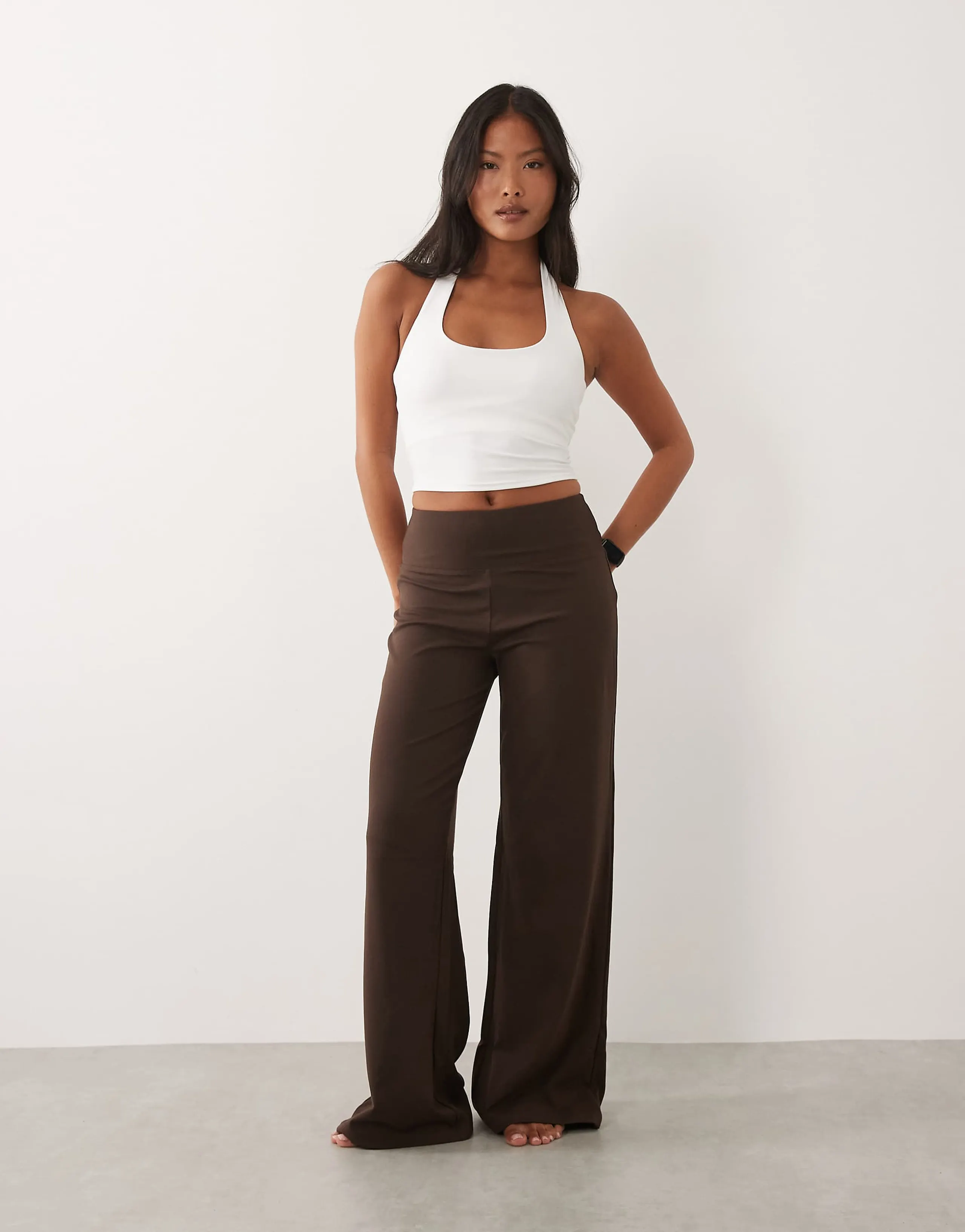 4505 Petite Icon soft touch high waist wide leg dance pant in chocolate