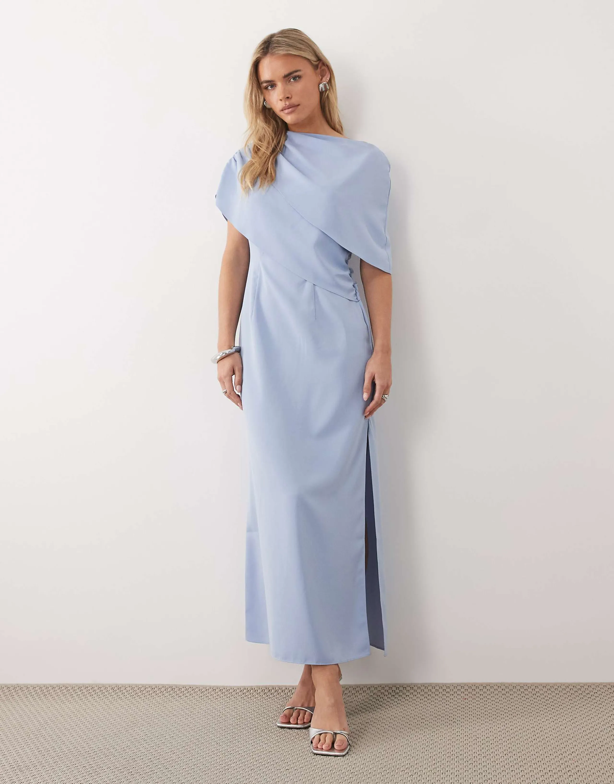 ASOS DESIGN Petite fallen shoulder midi dress in light blue