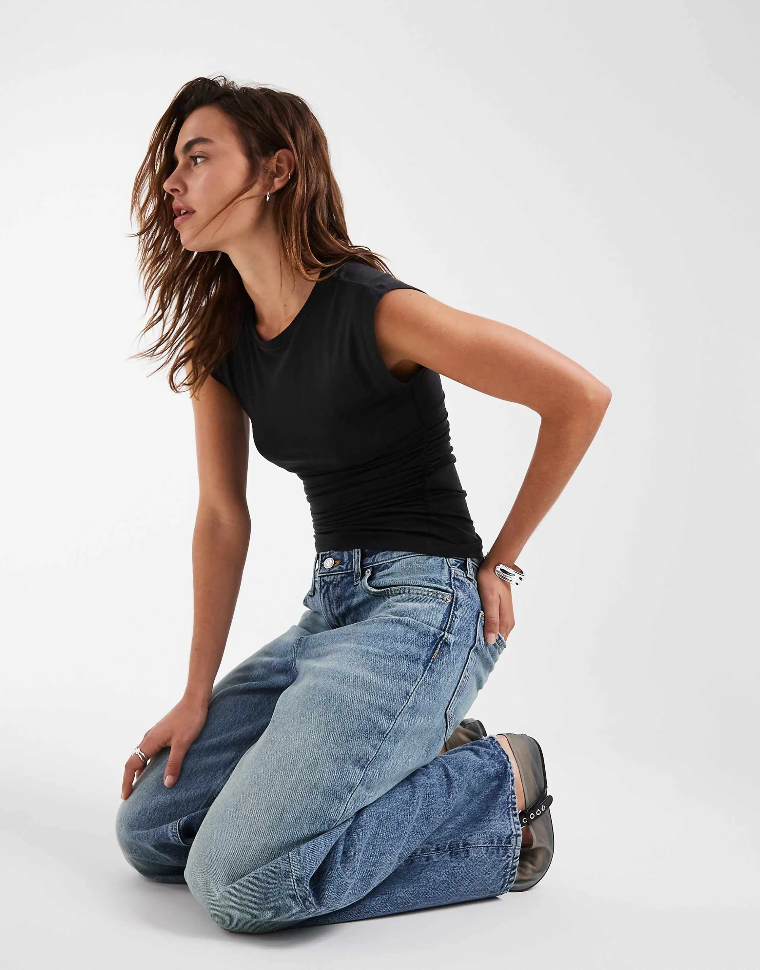 Vero Moda ruched side short sleeve T-shirt in black