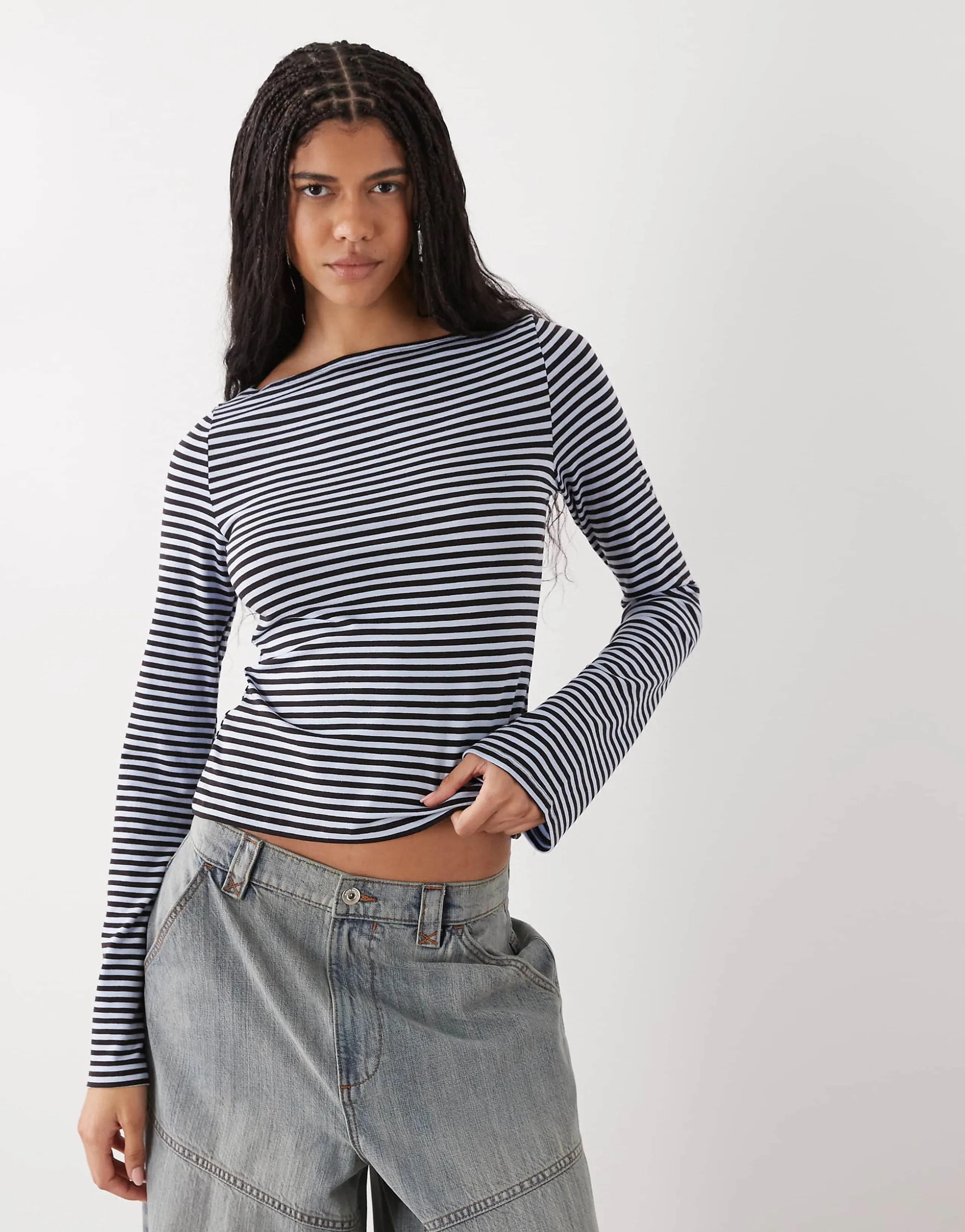 Weekday Annie soft boat neck long sleeve top in chocolate brown and light blue stripe exclusive to ASOS