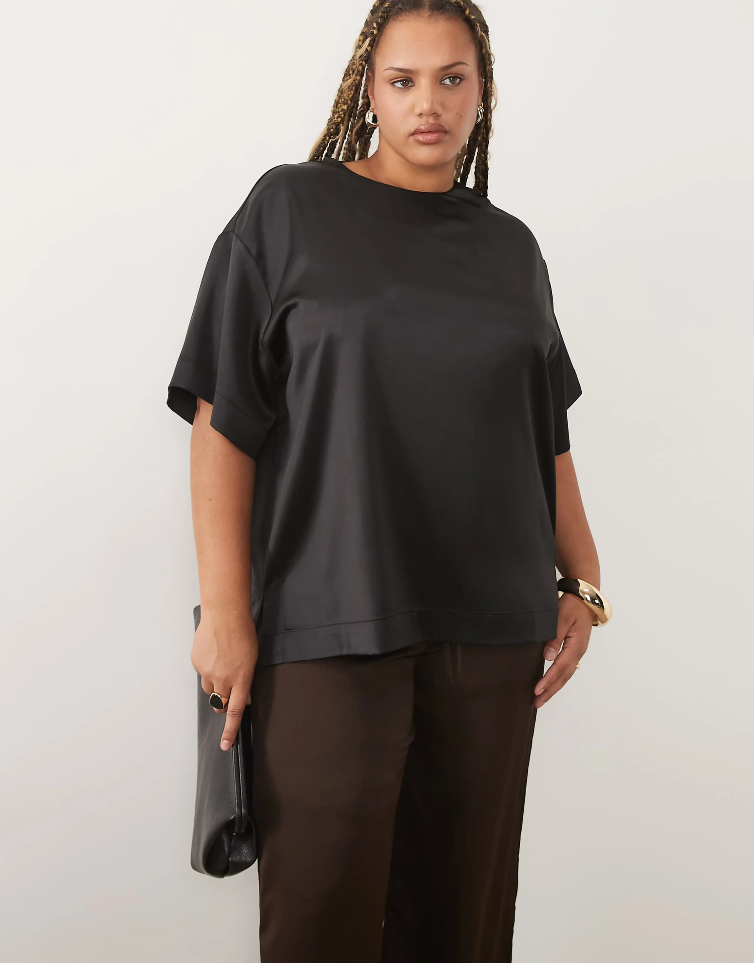 ASOS DESIGN Curve satin short sleeve top in black