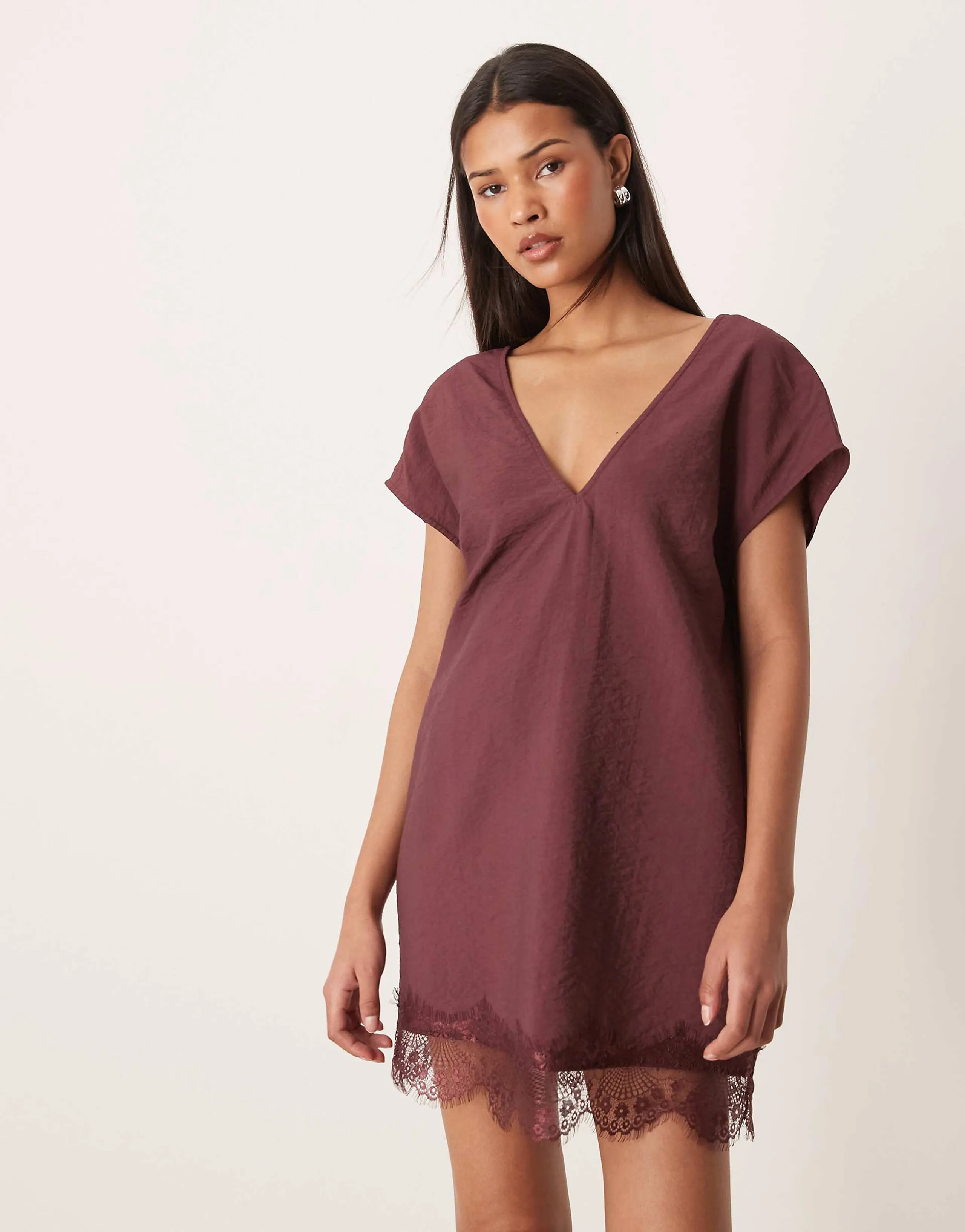 ASOS DESIGN v-neck lace trim crinkle satin mini shift dress in chocolate