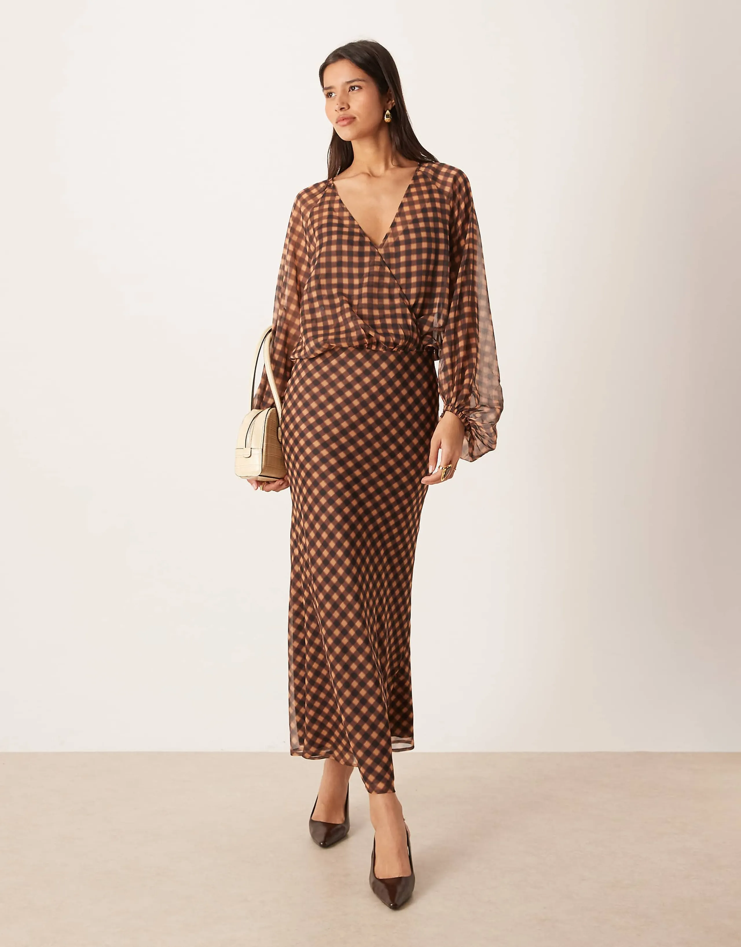 ASOS DESIGN wrap maxi dress in brown blurred gingham