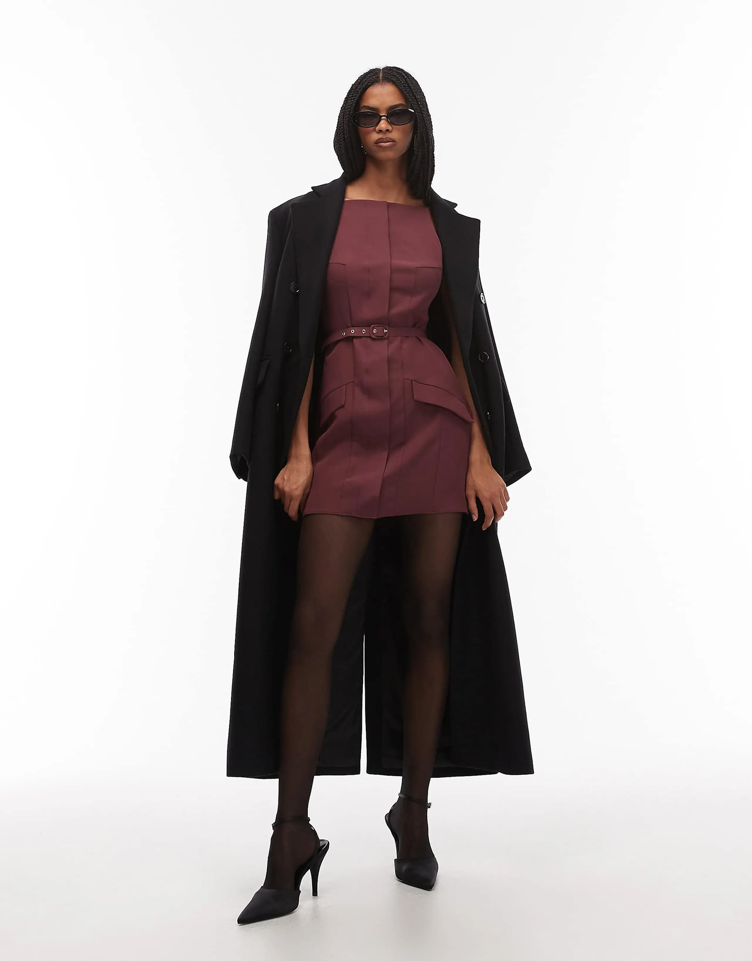 ASOS DESIGN slash neck belted mini dress in mulberry