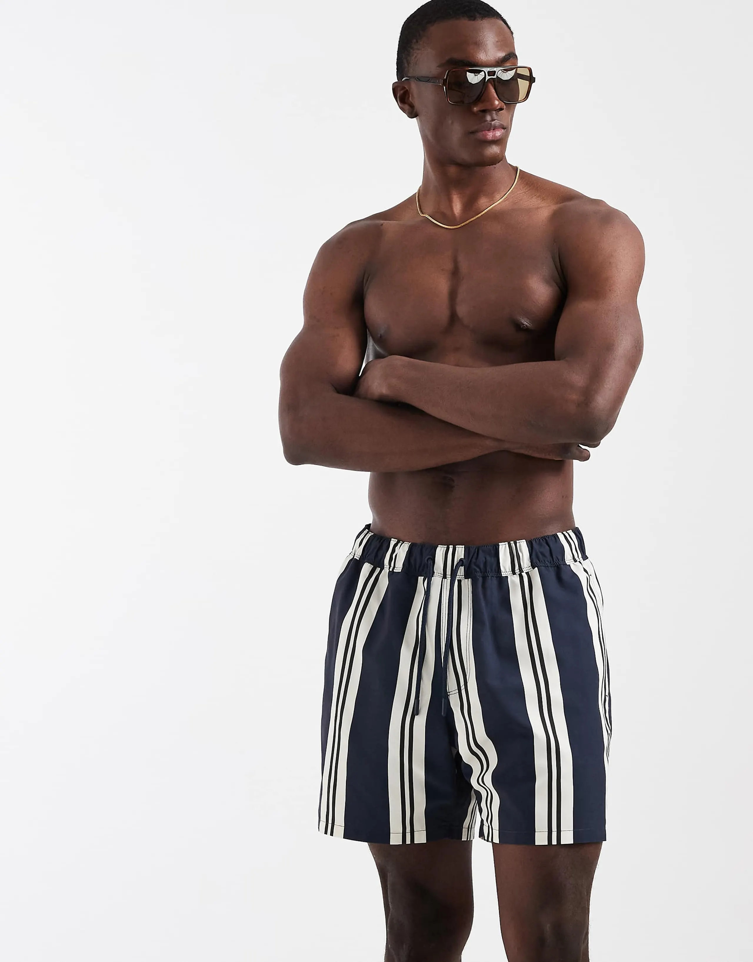 ASOS DESIGN swim shorts in mid length in navy stripe