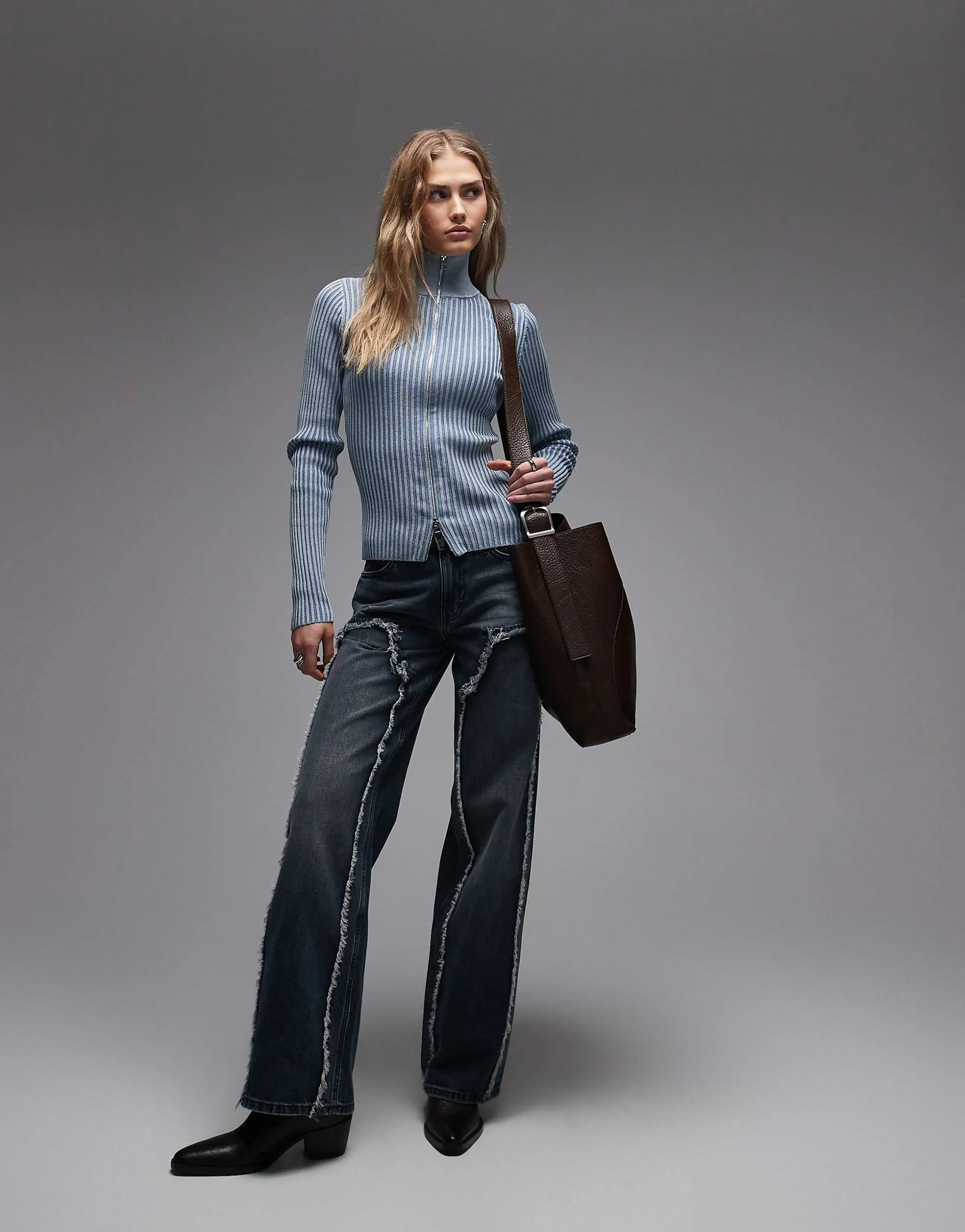 Weekday ample low waist baggy fit jeans with frayed detailing in dark blue wash