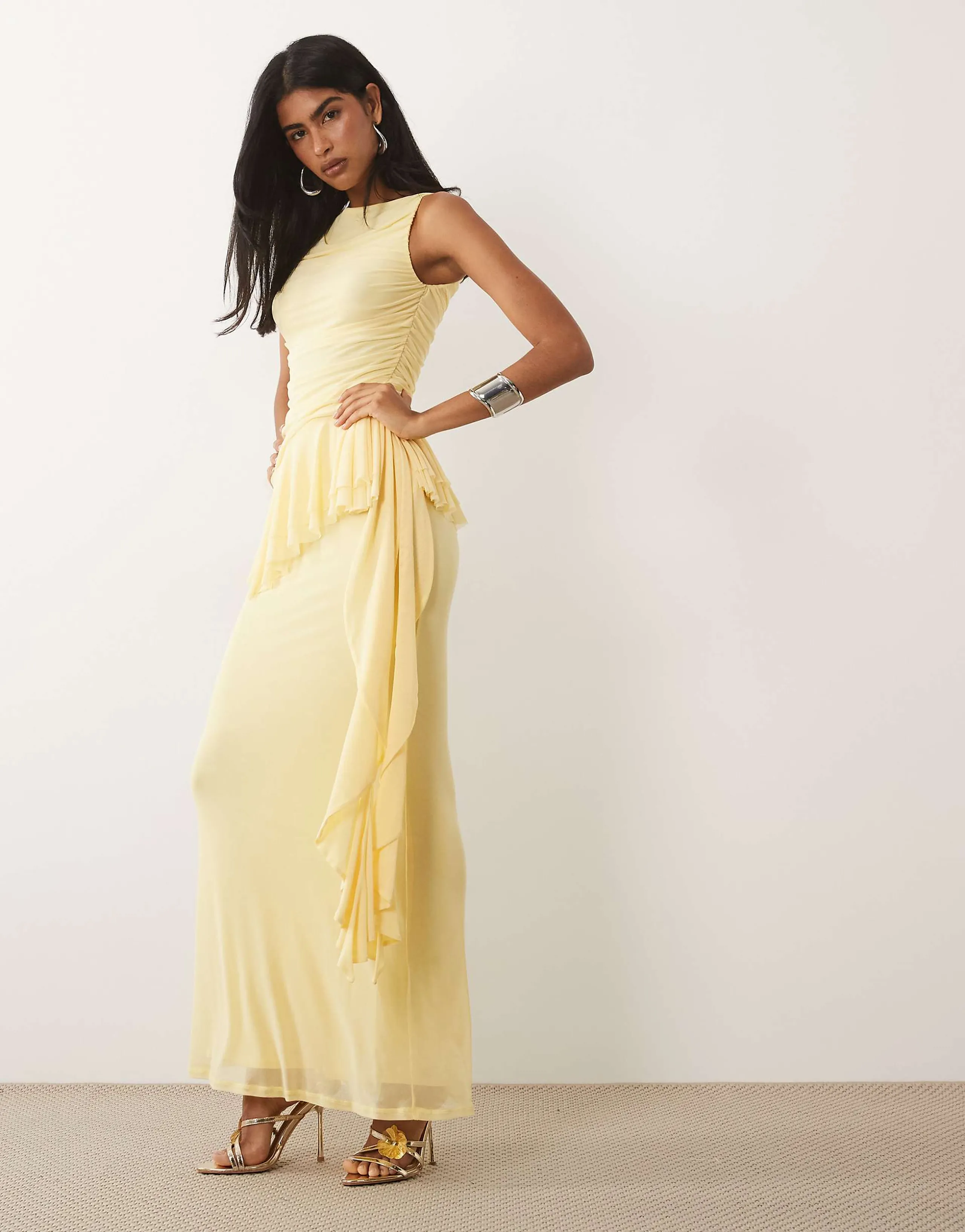 ASOS DESIGN mesh sleeveless maxi dress with ruching and frill details in lemon