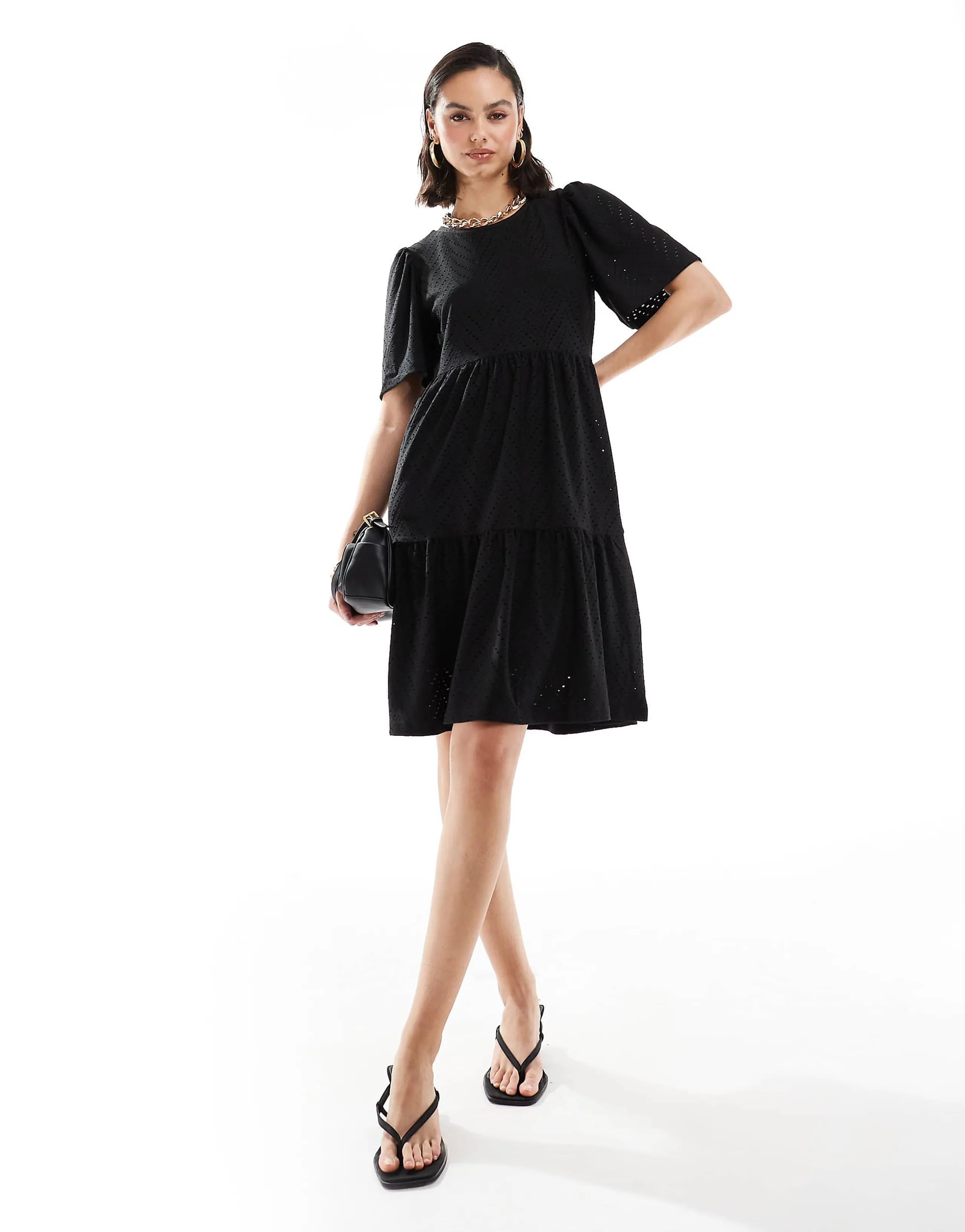 JDY tiered eyelet midi dress in black